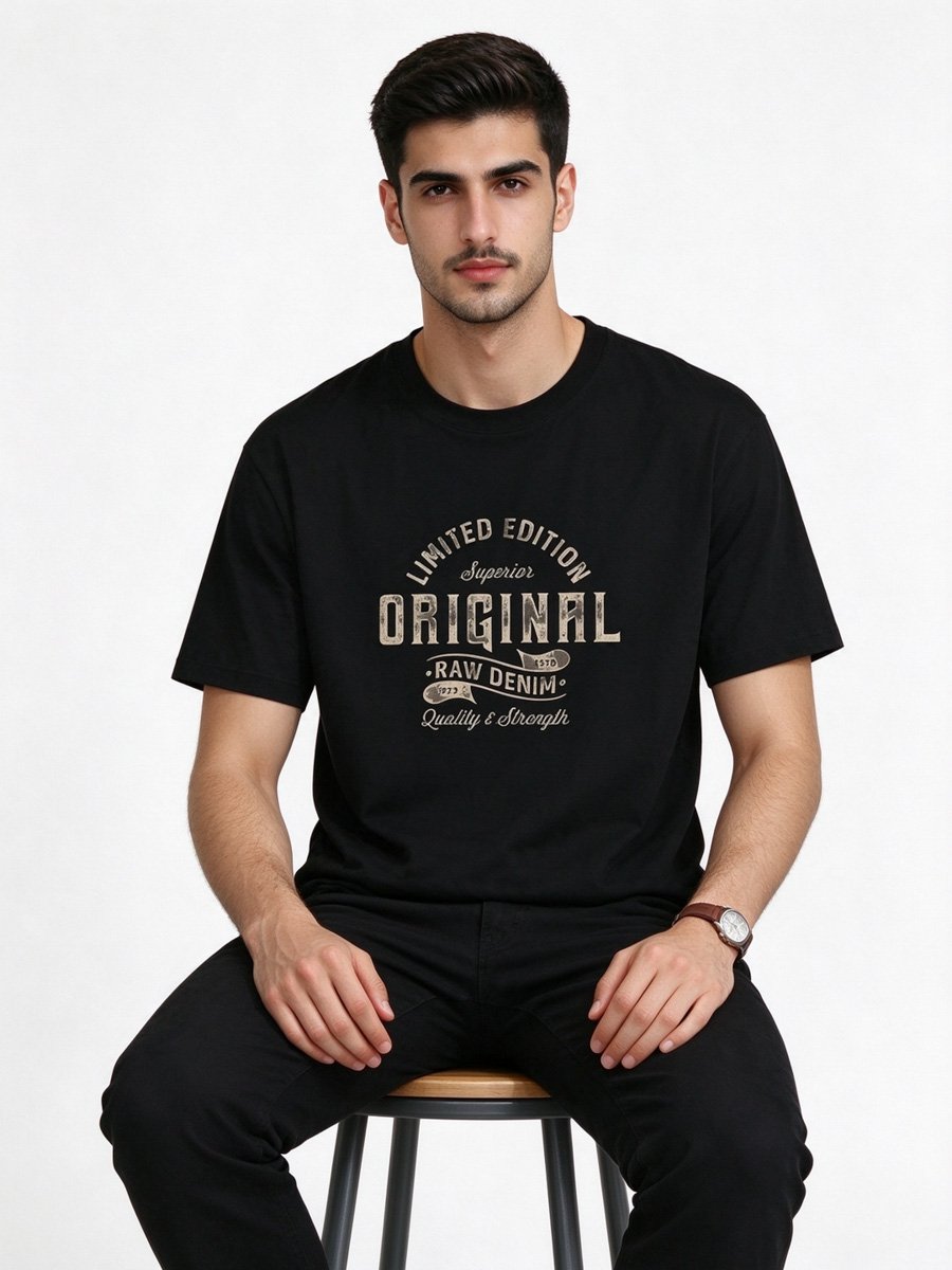 Men Black Graphic T-Shirt with Round Neck