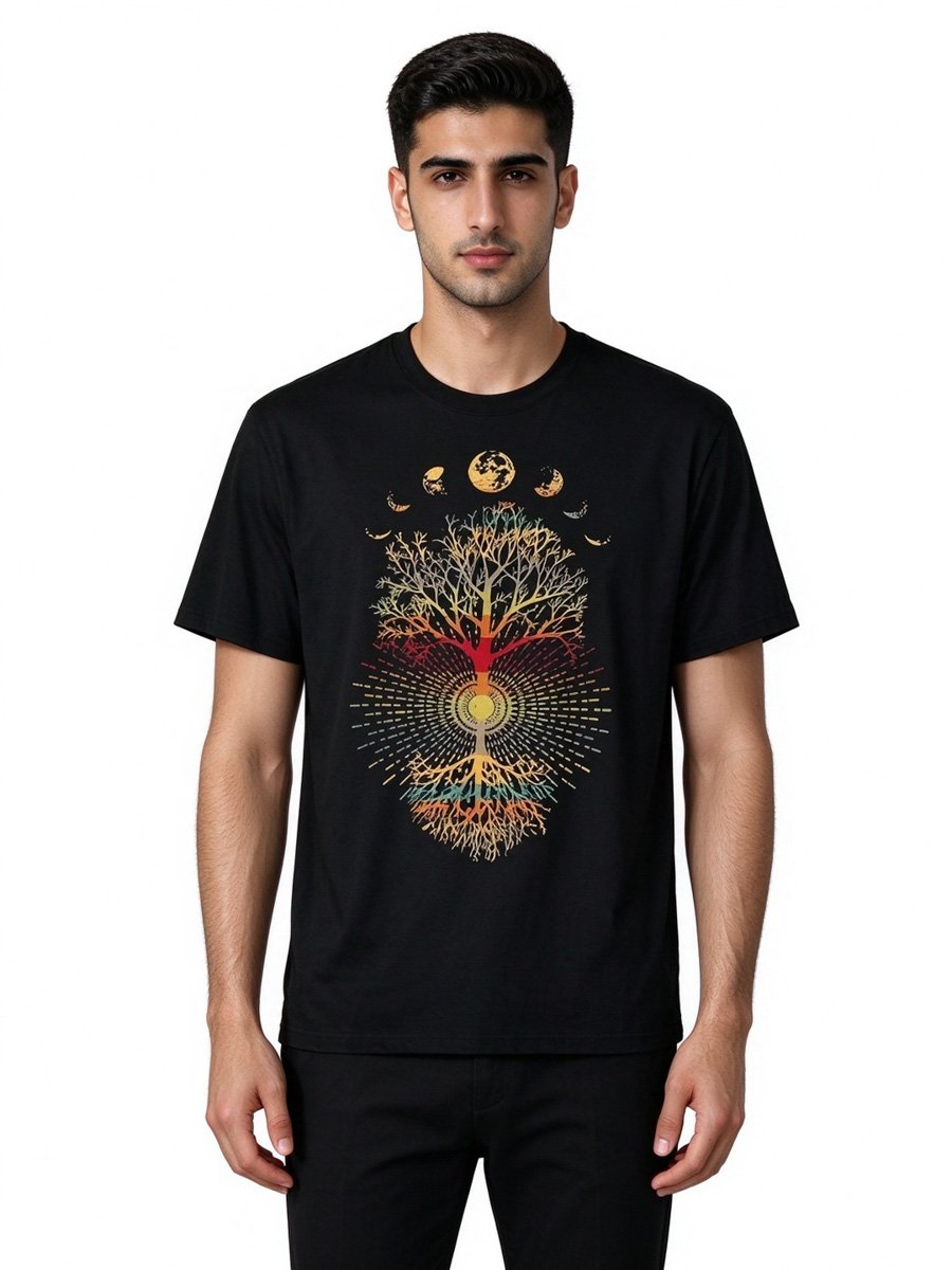 Men Black Tree of Life and Moon Phases Graphic T-Shirt
