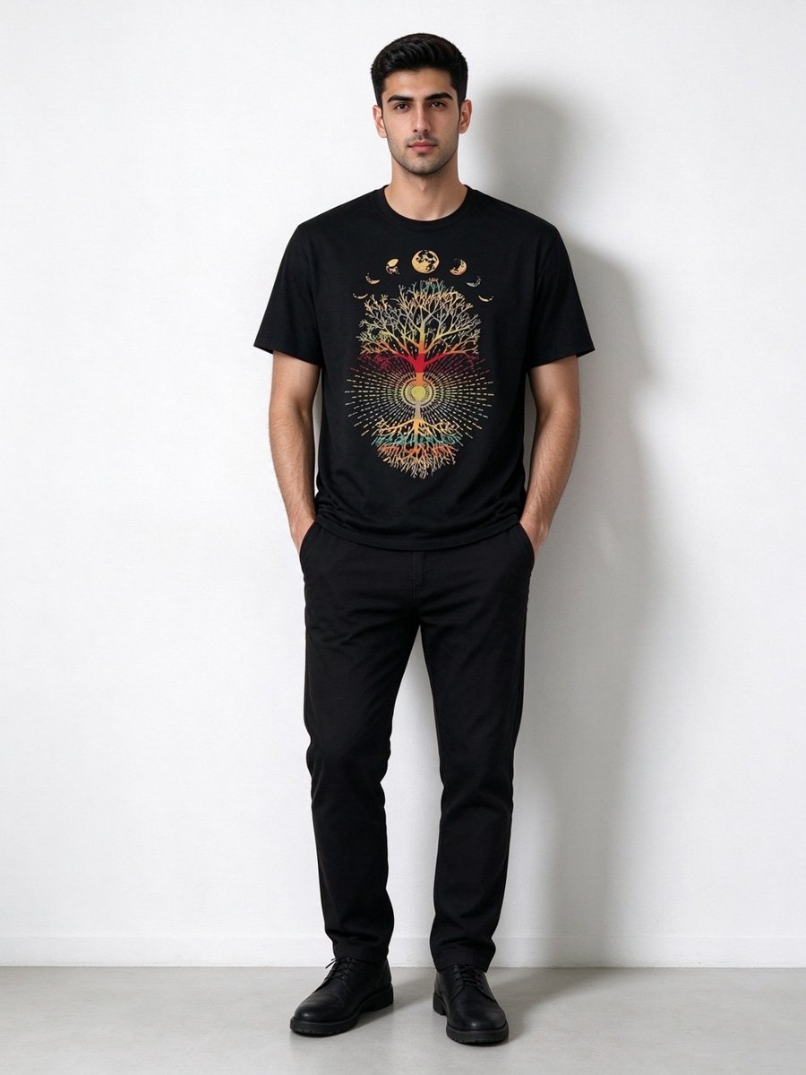 Men Black Tree of Life and Moon Phases Graphic T-Shirt