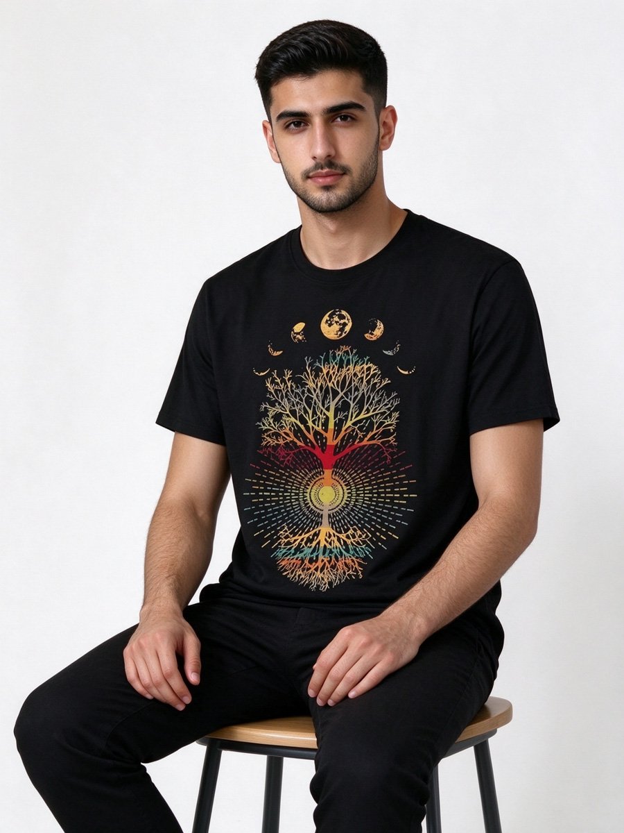 Men Black Tree of Life and Moon Phases Graphic T-Shirt