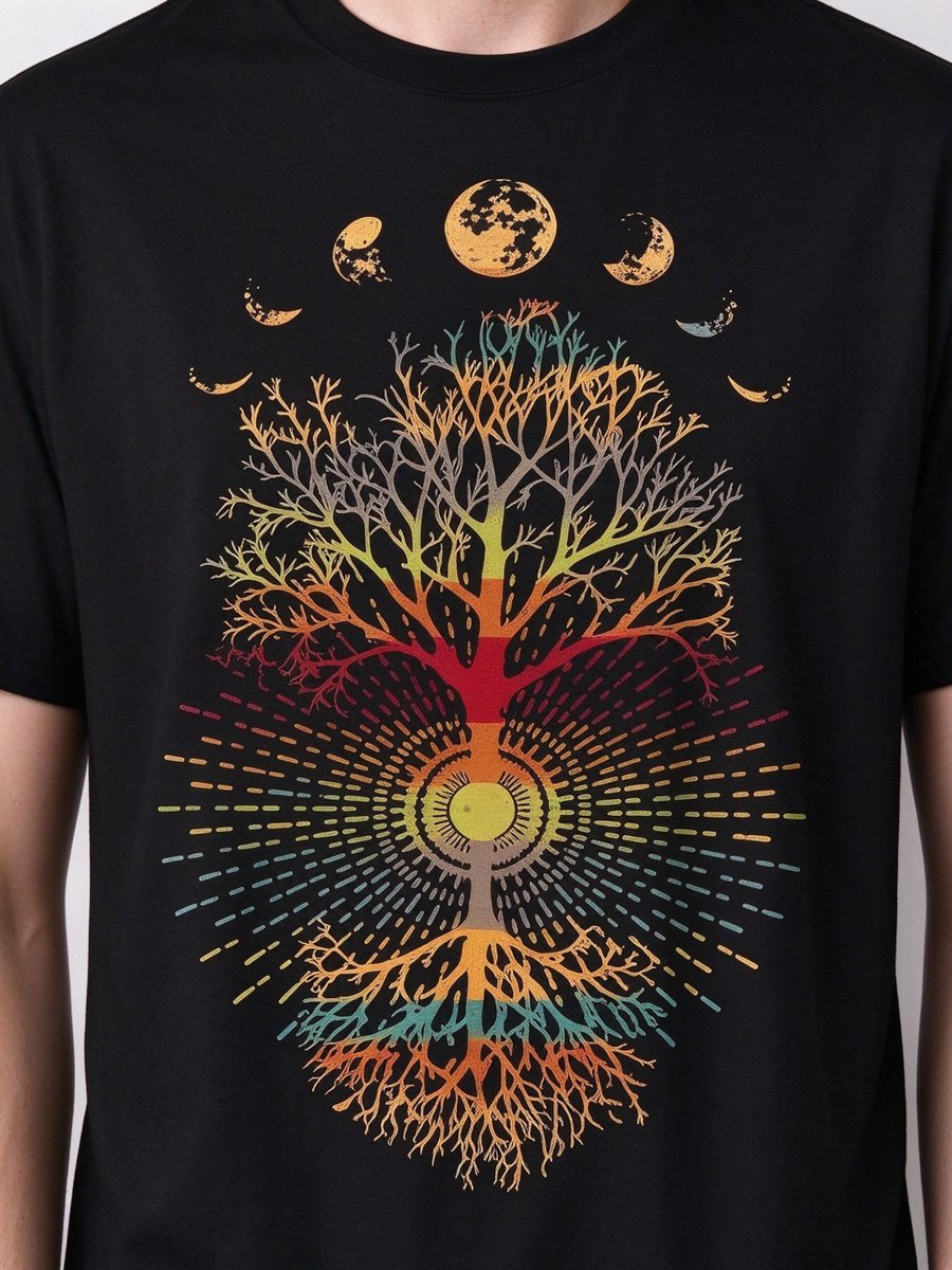 Men Black Tree of Life and Moon Phases Graphic T-Shirt