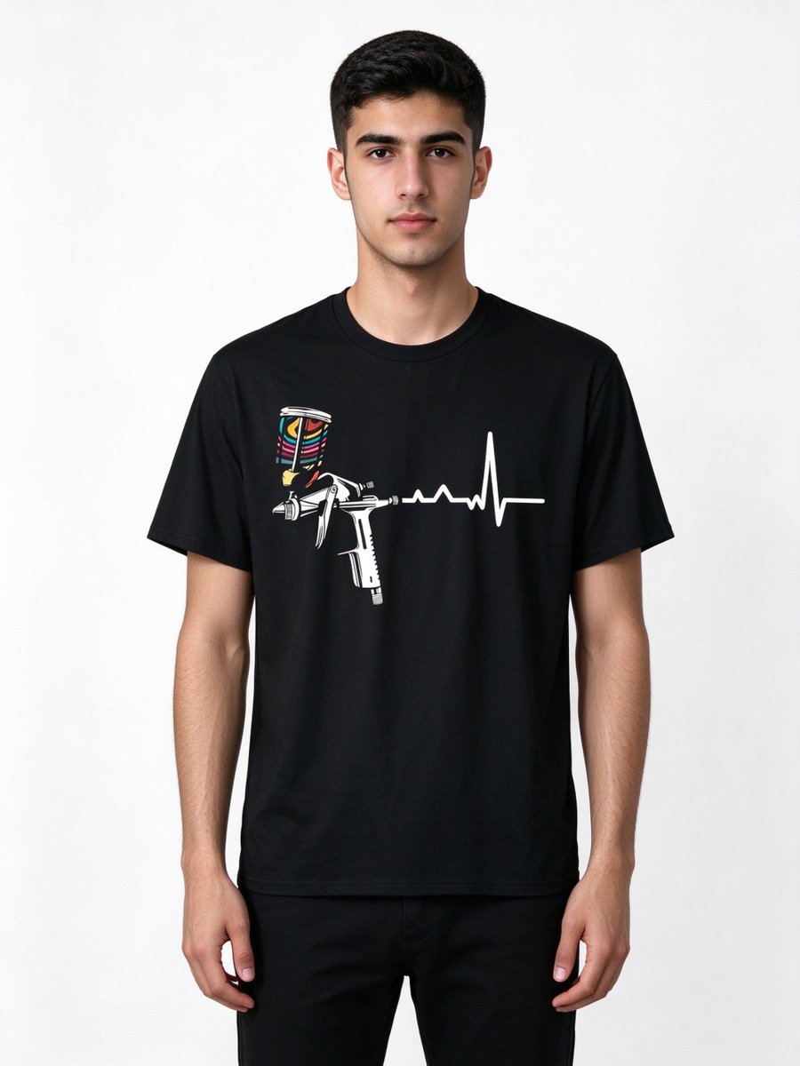 Men Black Graphic Spray Gun Heartbeat T-Shirt