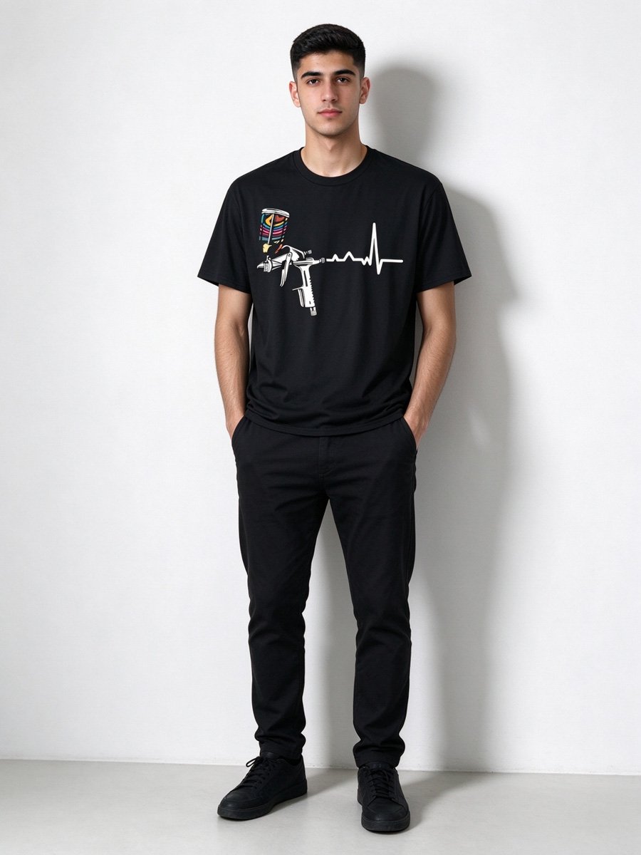 Men Black Graphic Spray Gun Heartbeat T-Shirt