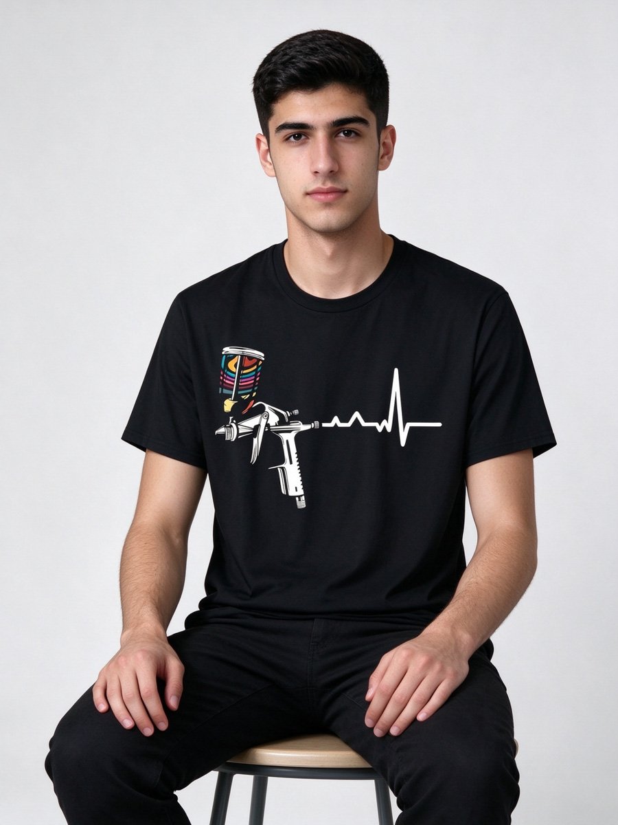 Men Black Graphic Spray Gun Heartbeat T-Shirt