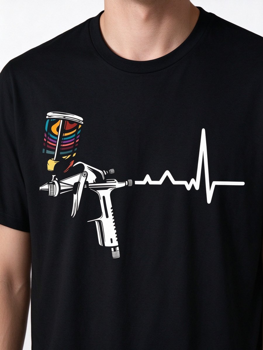 Men Black Graphic Spray Gun Heartbeat T-Shirt
