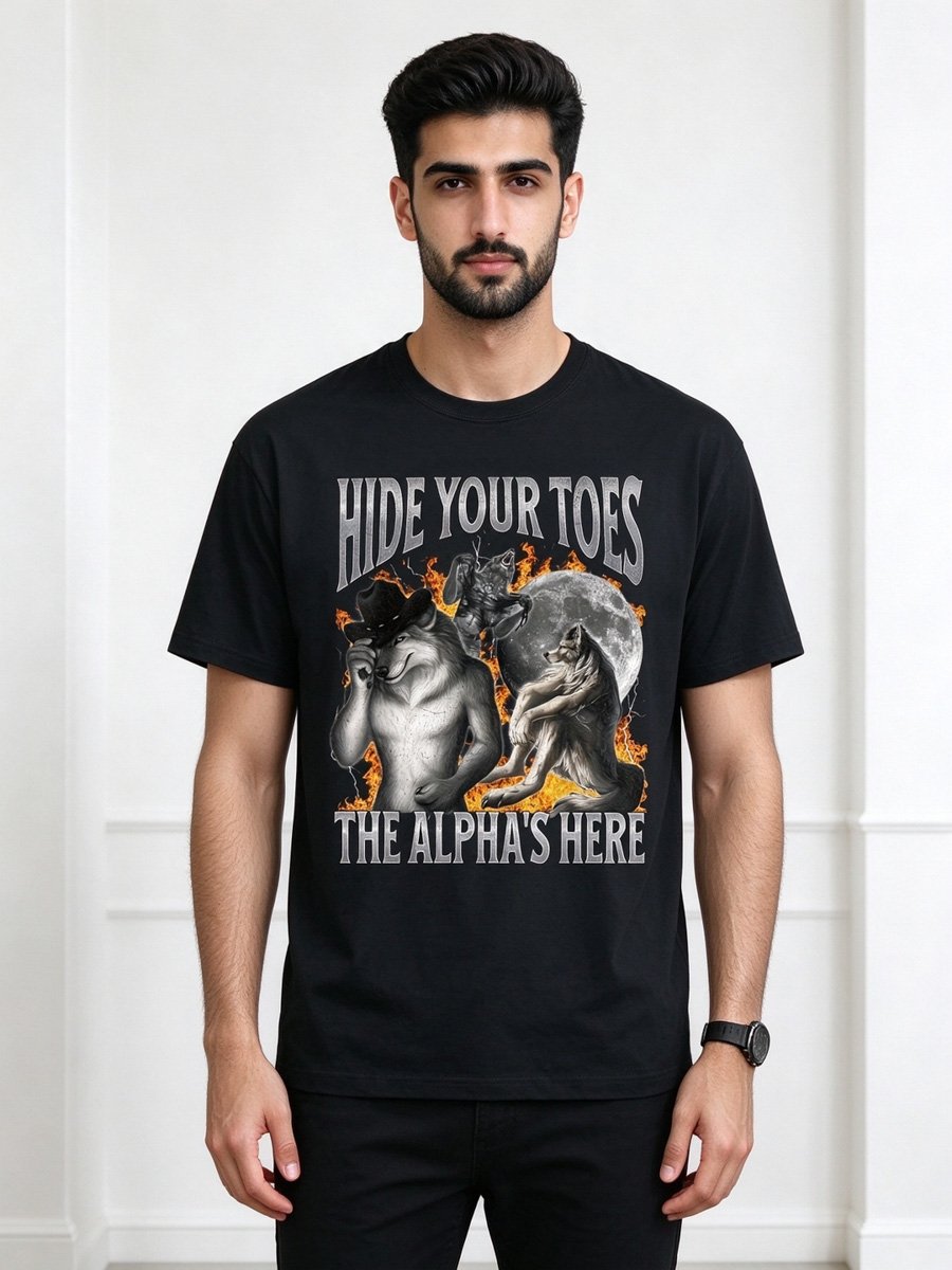 Men Black Cotton Wolf Graphic T-Shirt