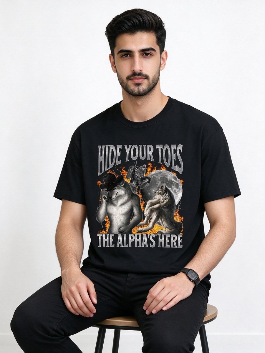Men Black Cotton Wolf Graphic T-Shirt
