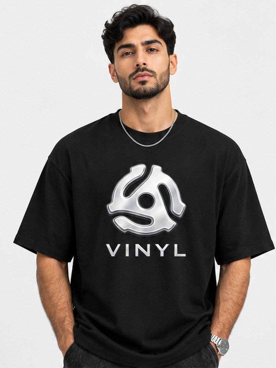 Men Black Vinyl Record Graphic T-Shirt