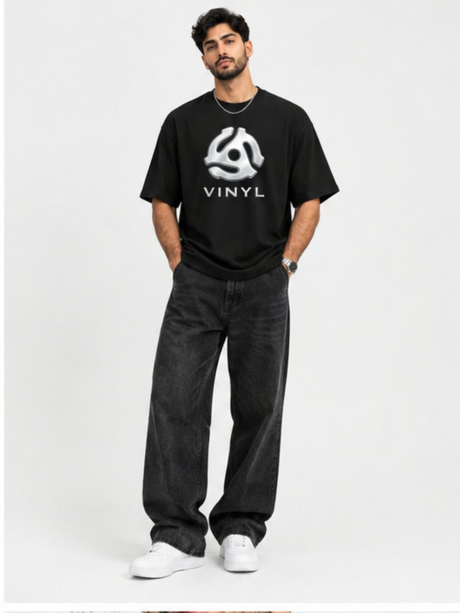 Men Black Vinyl Record Graphic T-Shirt