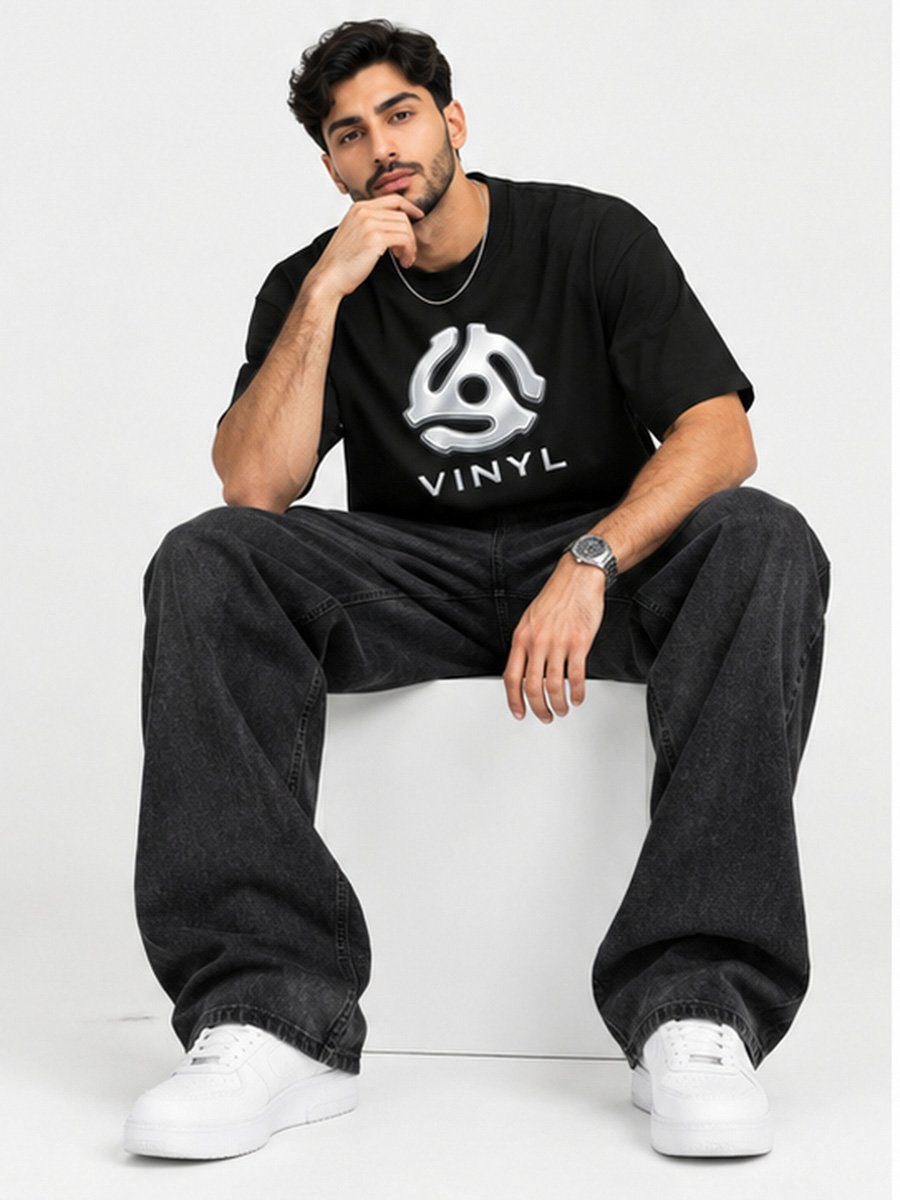 Men Black Vinyl Record Graphic T-Shirt