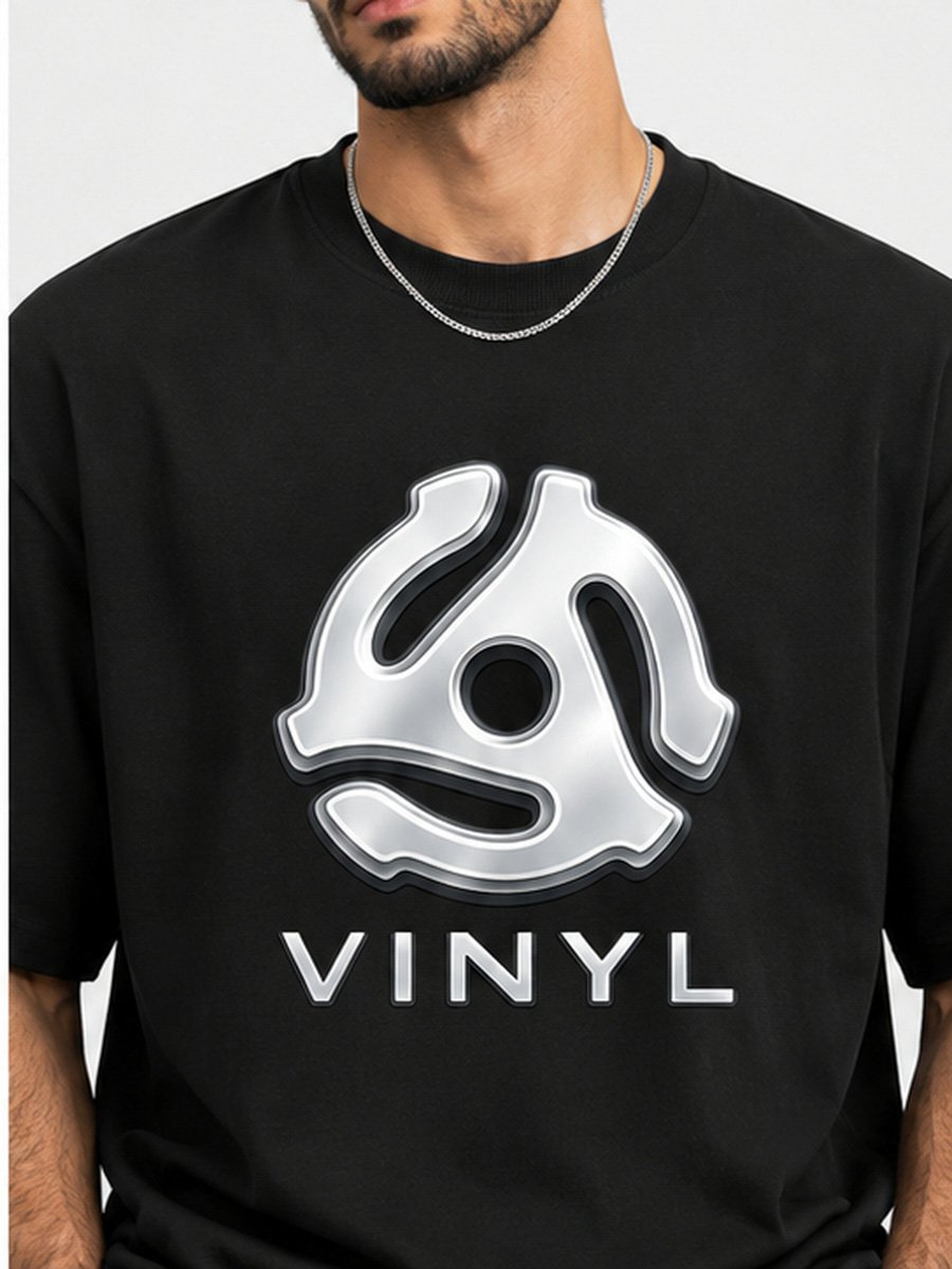 Men Black Vinyl Record Graphic T-Shirt