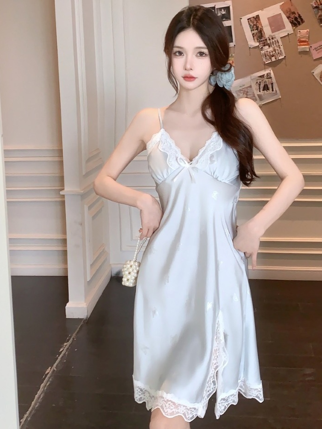 White Satin Slip Dress with Lace Trim