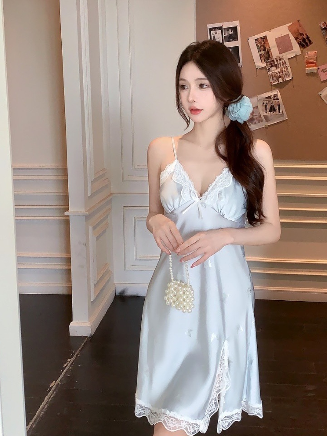 White Satin Slip Dress with Lace Trim