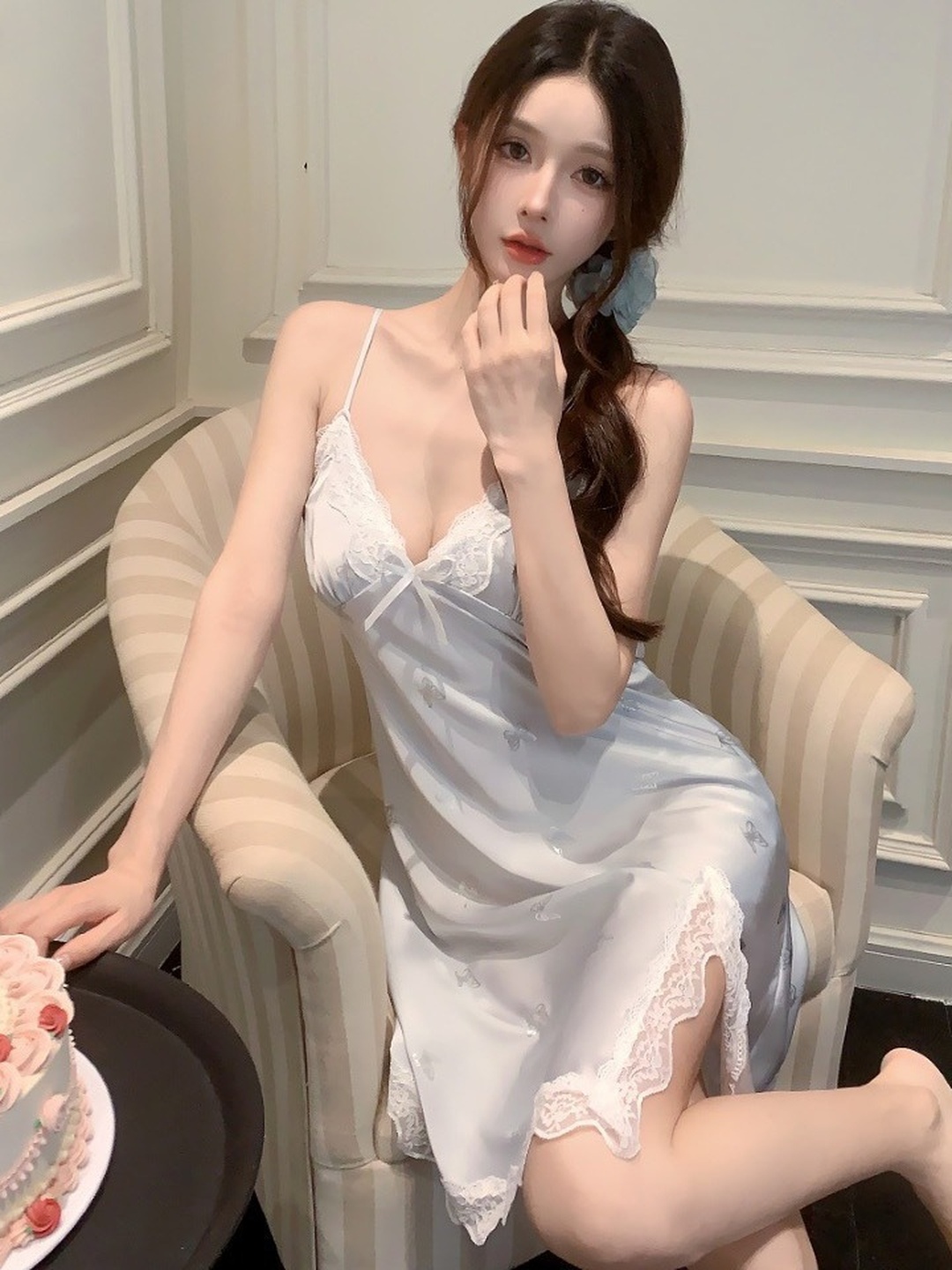 White Satin Slip Dress with Lace Trim