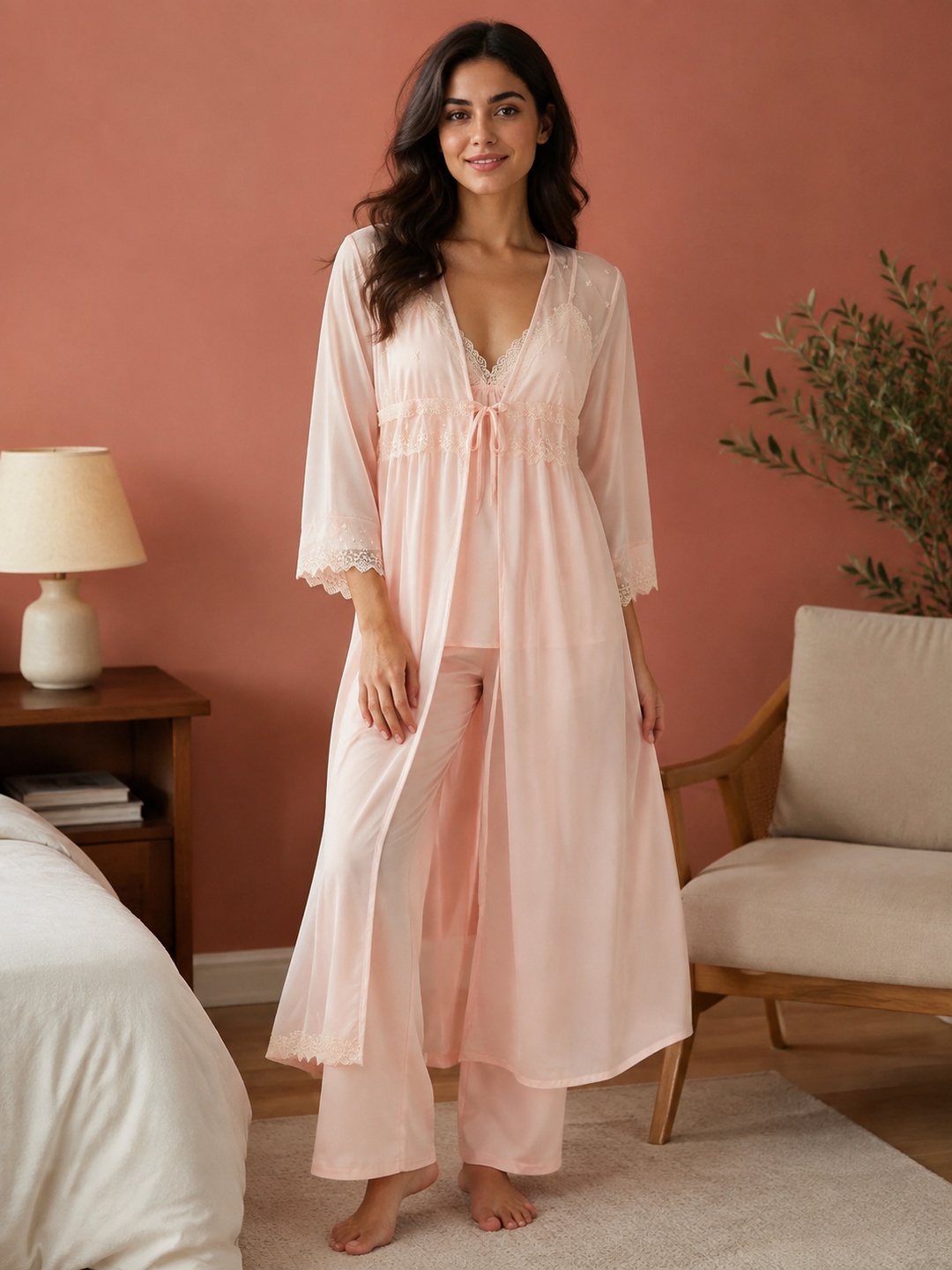 Pink Sheer Lace Trim Robe and Pyjama Set