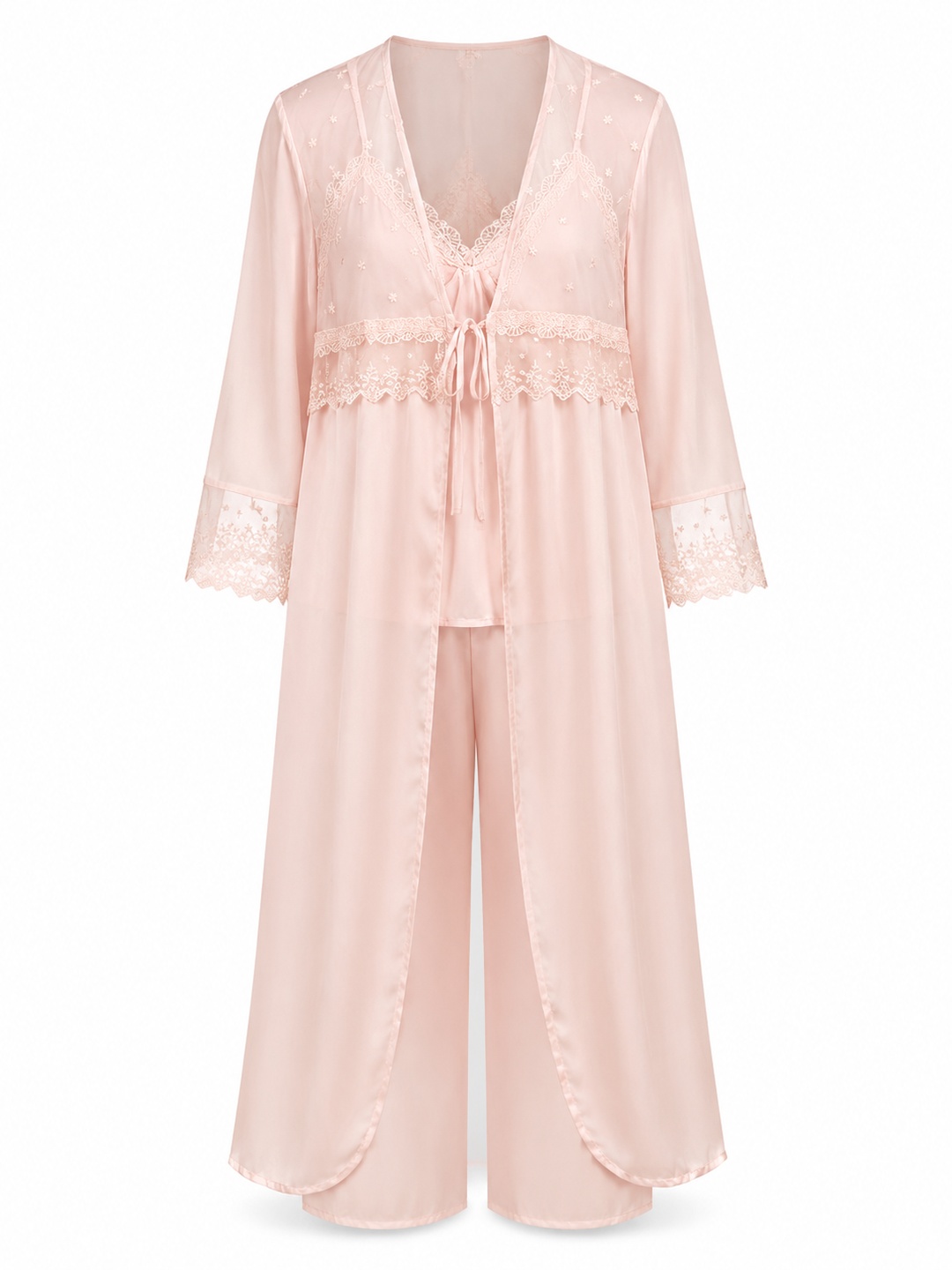 Pink Sheer Lace Trim Robe and Pyjama Set