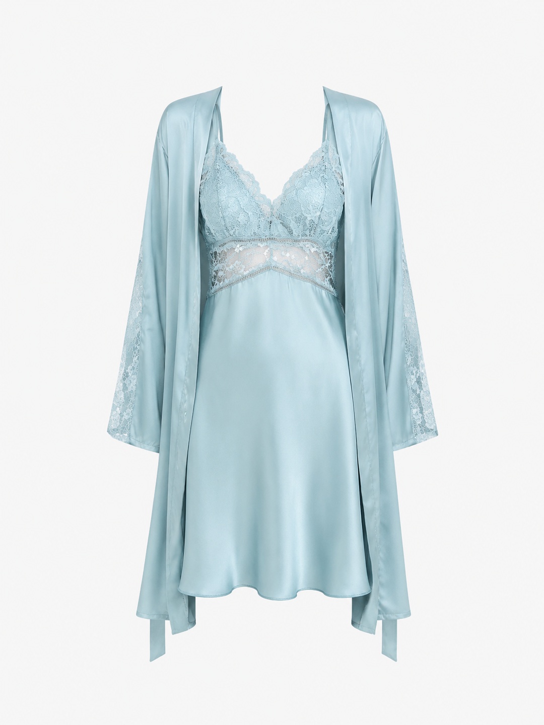 Blue Satin Lace Slip and Robe Set