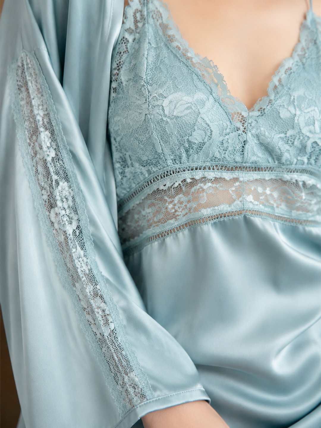 Blue Satin Lace Slip and Robe Set