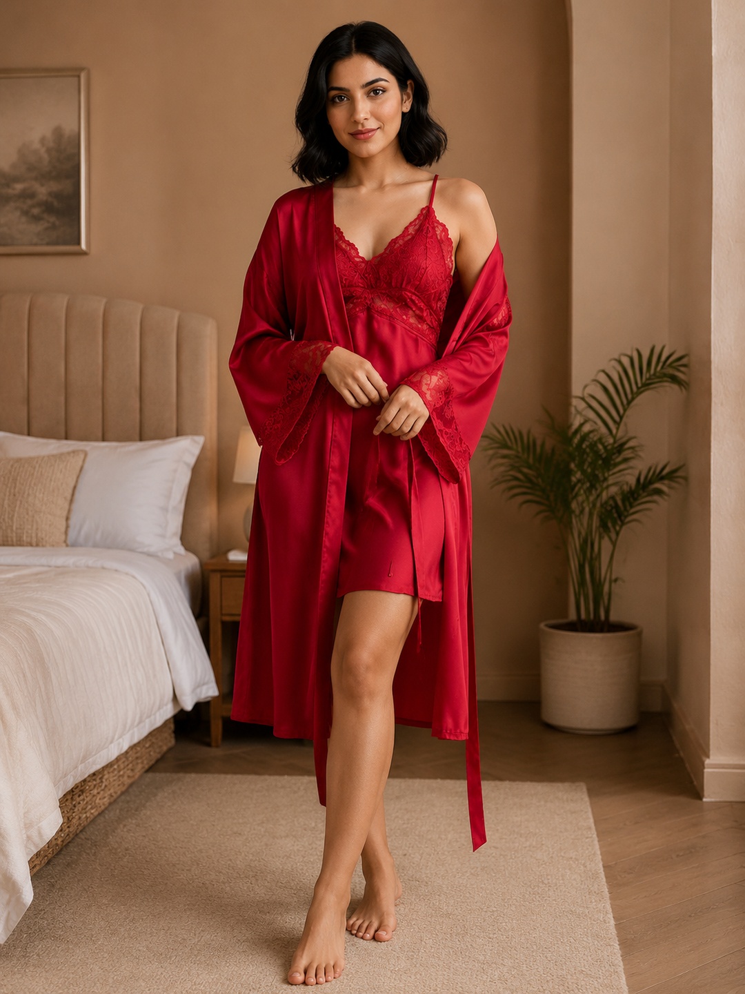Red Satin Lace Camisole Nightgown and Robe Set