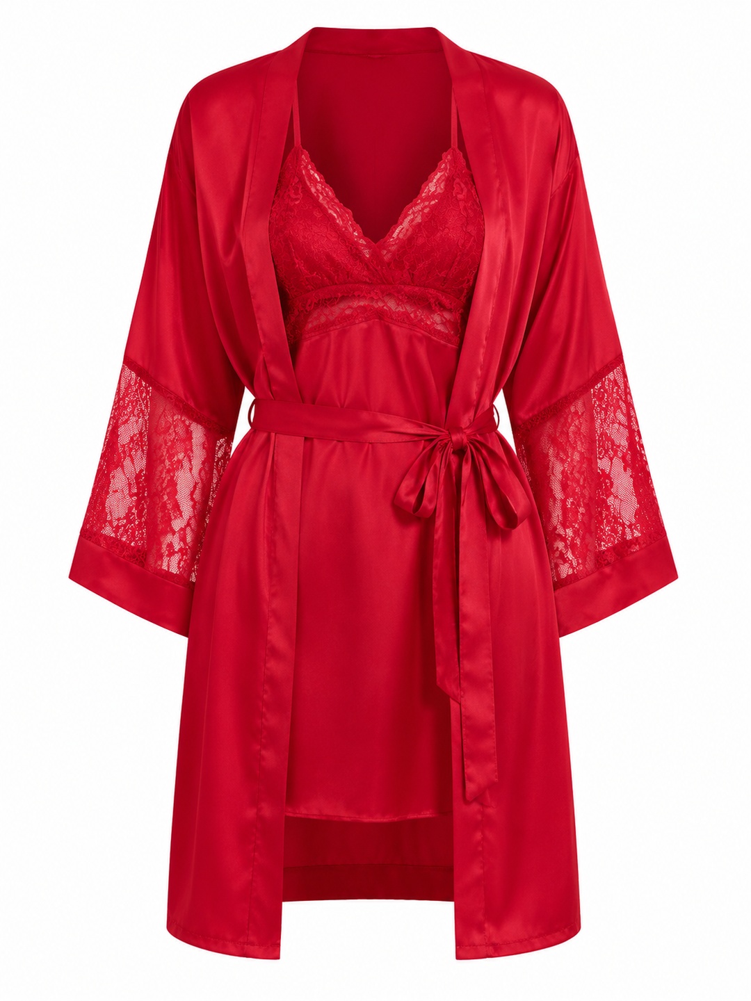 Red Satin Lace Camisole Nightgown and Robe Set