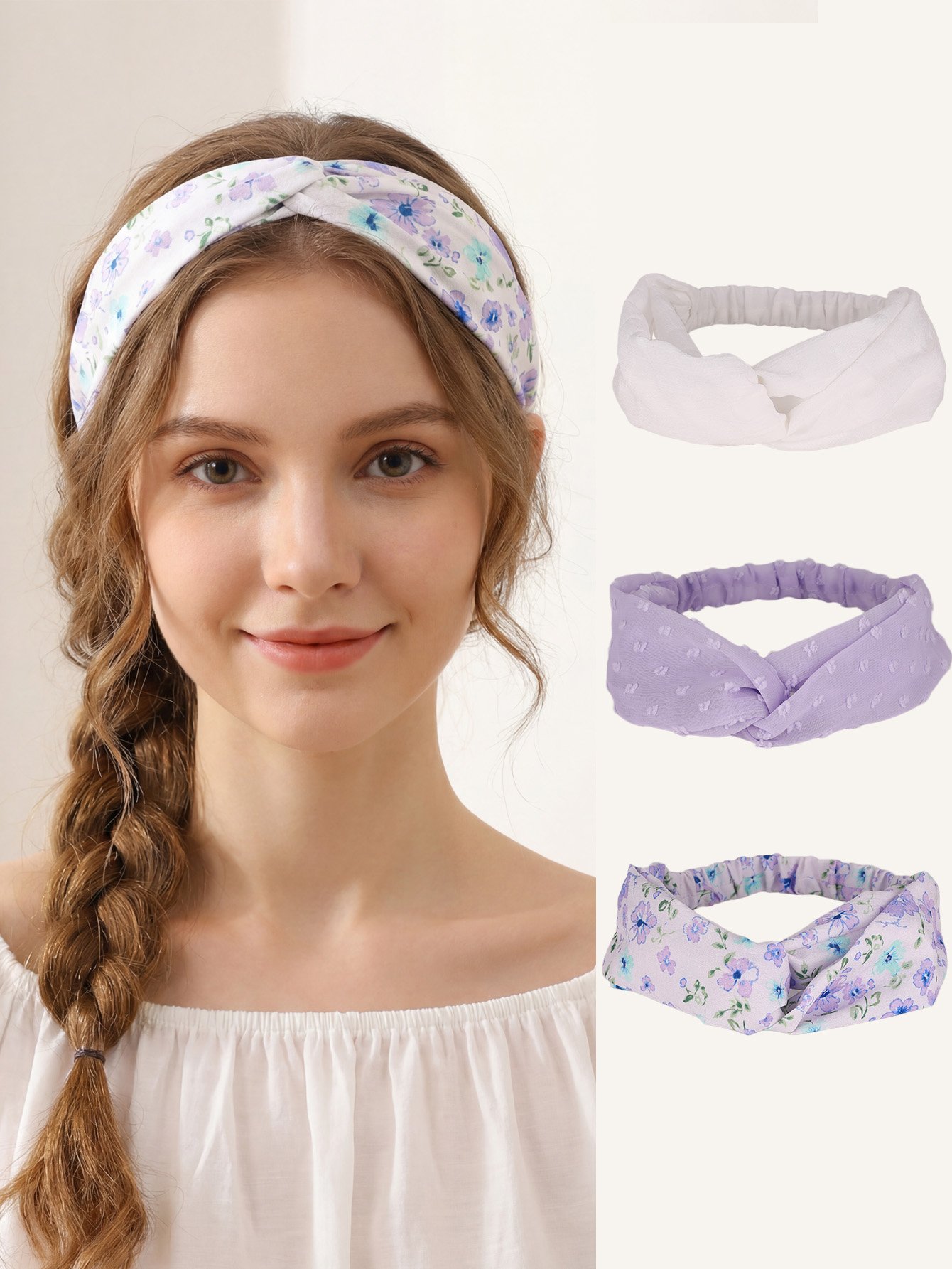 Floral and Solid Twisted Headband Set 3-Pack