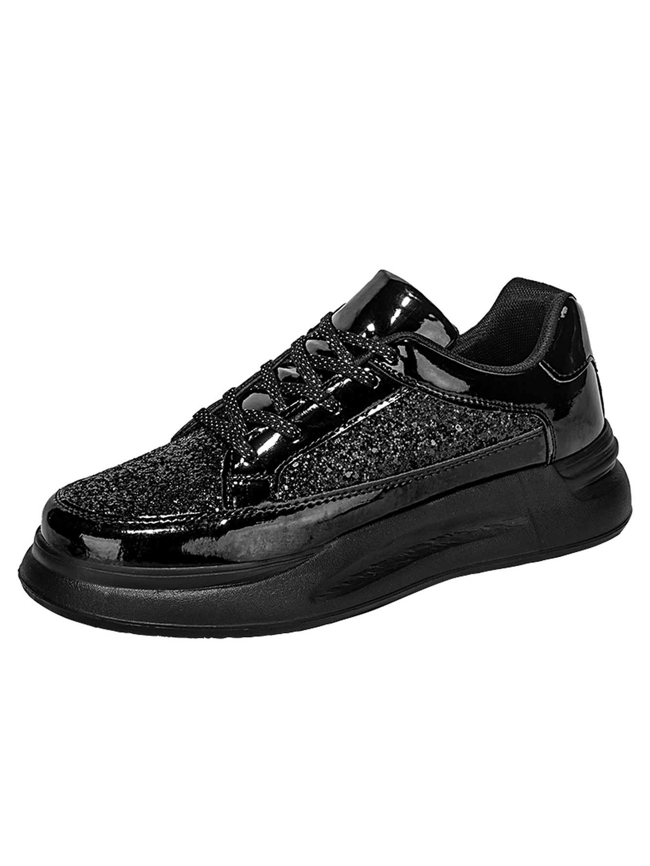 Men Black Glitter Patent Leather Casual Sneakers