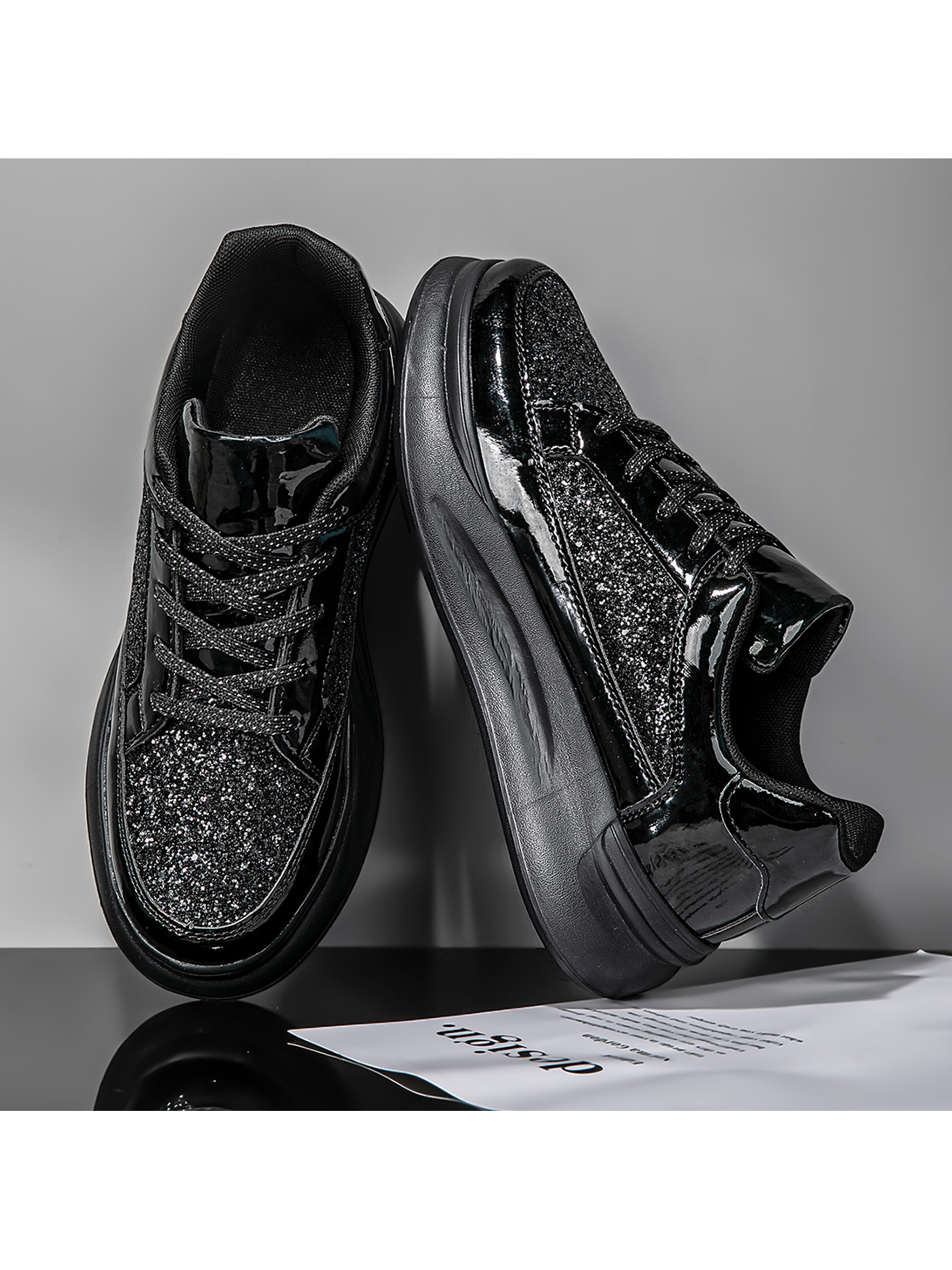 Men Black Glitter Patent Leather Casual Sneakers