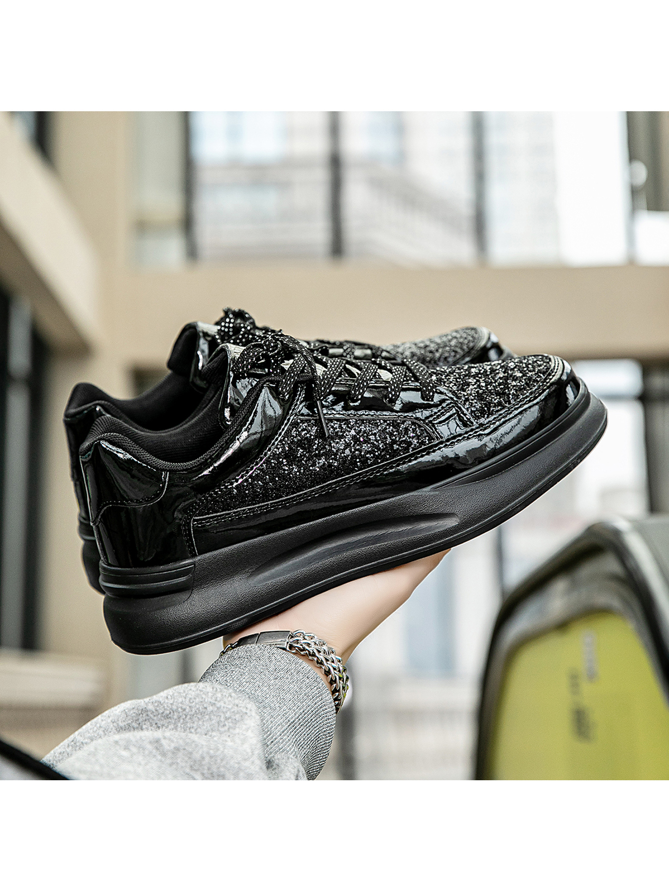 Men Black Glitter Patent Leather Casual Sneakers