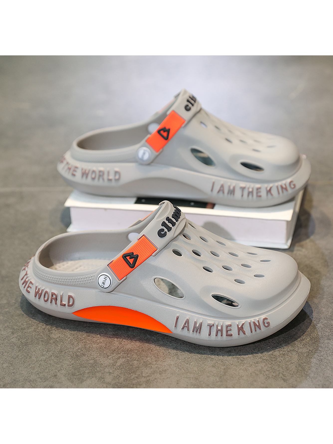 Men Grey Comfort Plain Clogs with Orange Trim