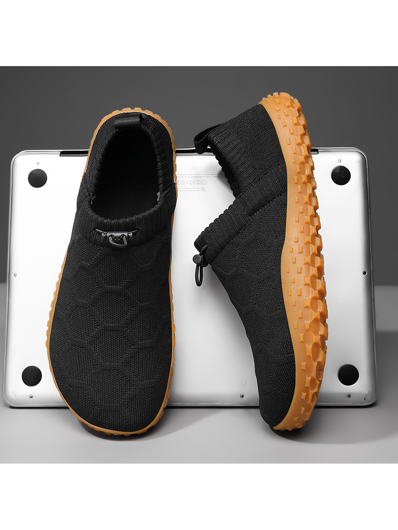 Men Black Knit Slip-On Sneakers with Gum Sole