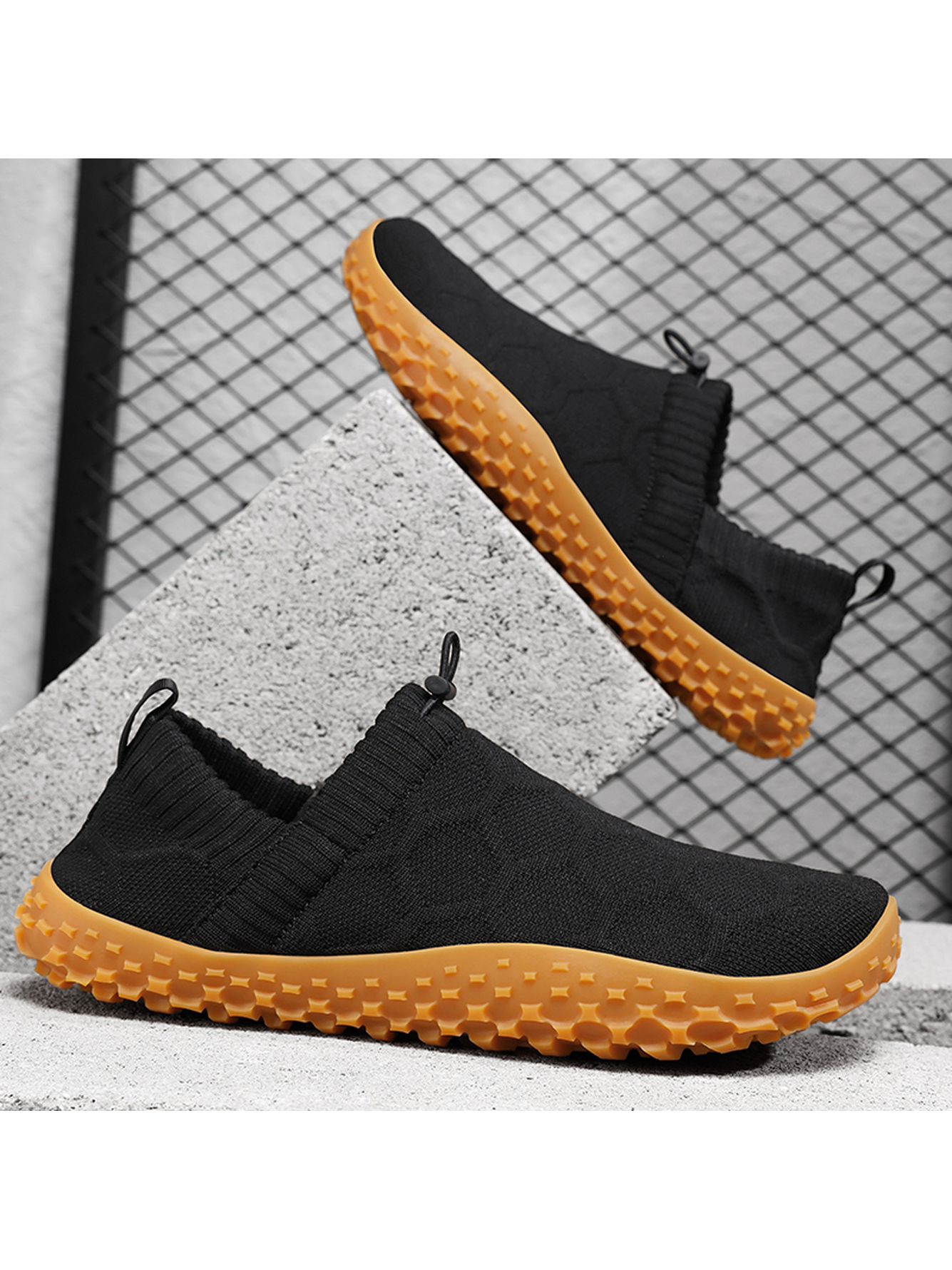 Men Black Knit Slip-On Sneakers with Gum Sole