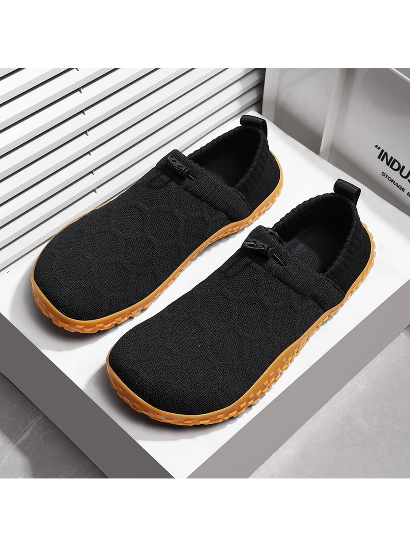 Men Black Knit Slip-On Sneakers with Gum Sole