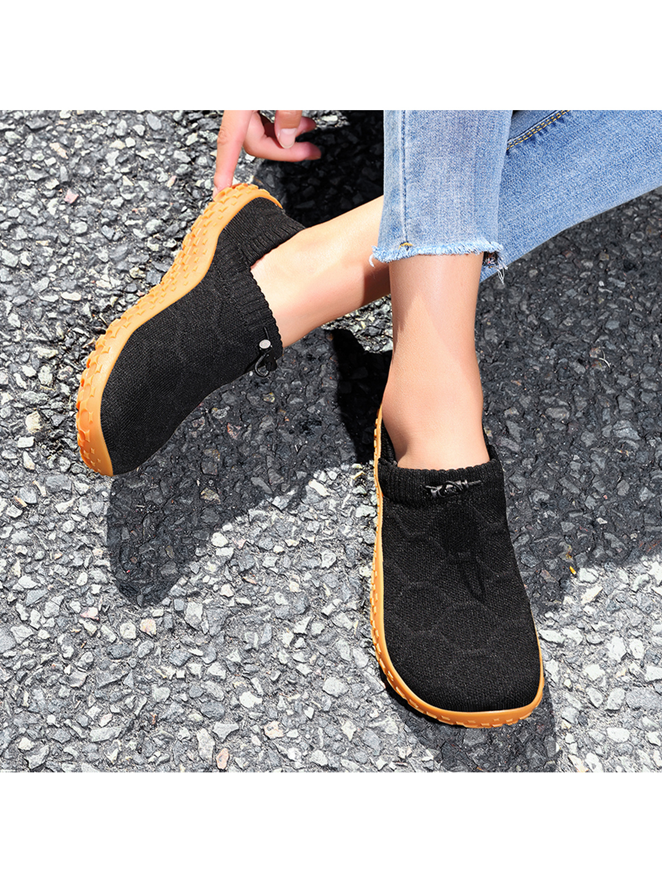 Men Black Knit Slip-On Sneakers with Gum Sole