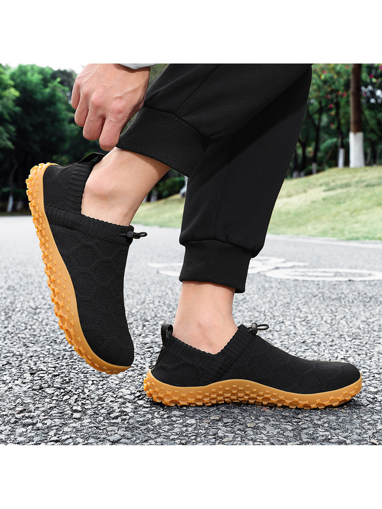 Men Black Knit Slip-On Sneakers with Gum Sole