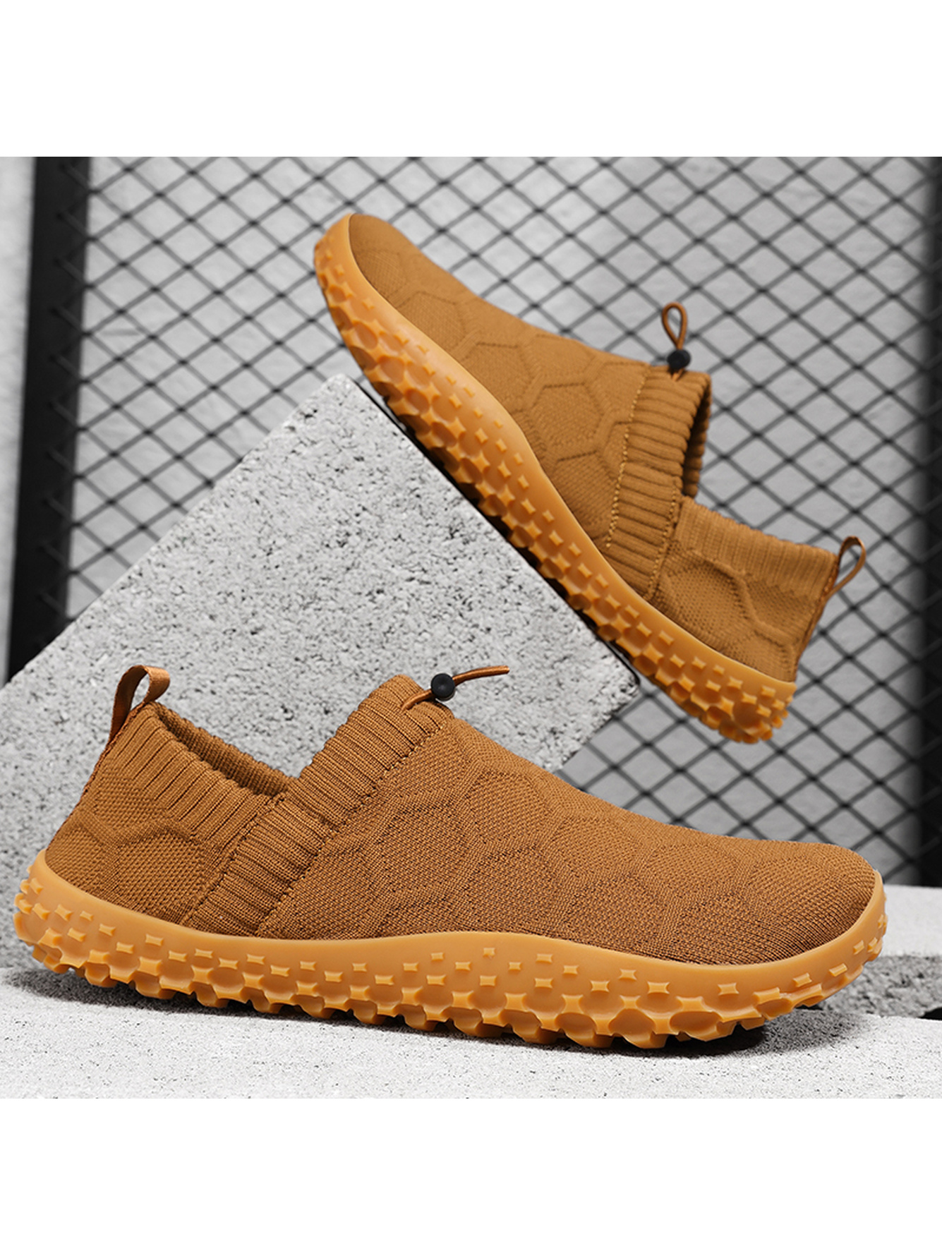 Men Brown Knit Slip-On Sneakers