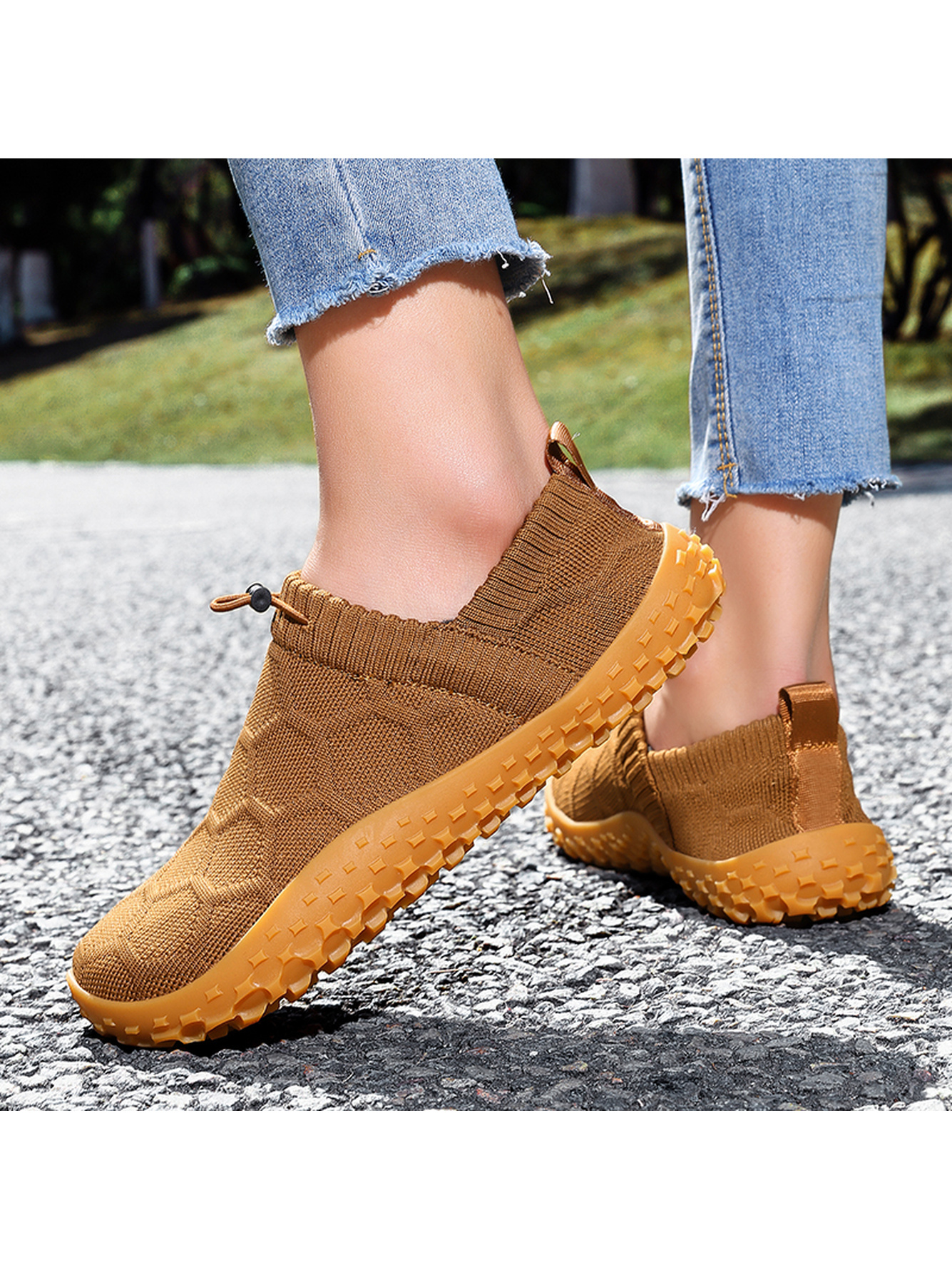 Men Brown Knit Slip-On Sneakers