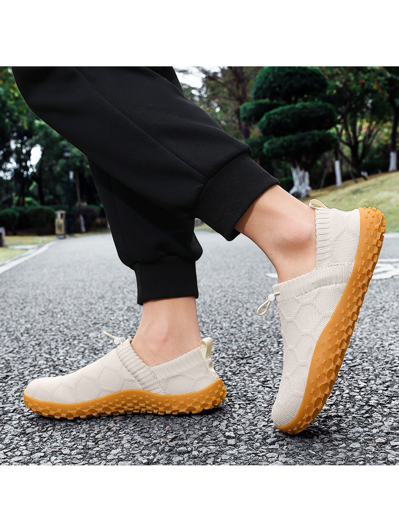 Men Beige Knitted Slip-On Sneakers with Gum Sole