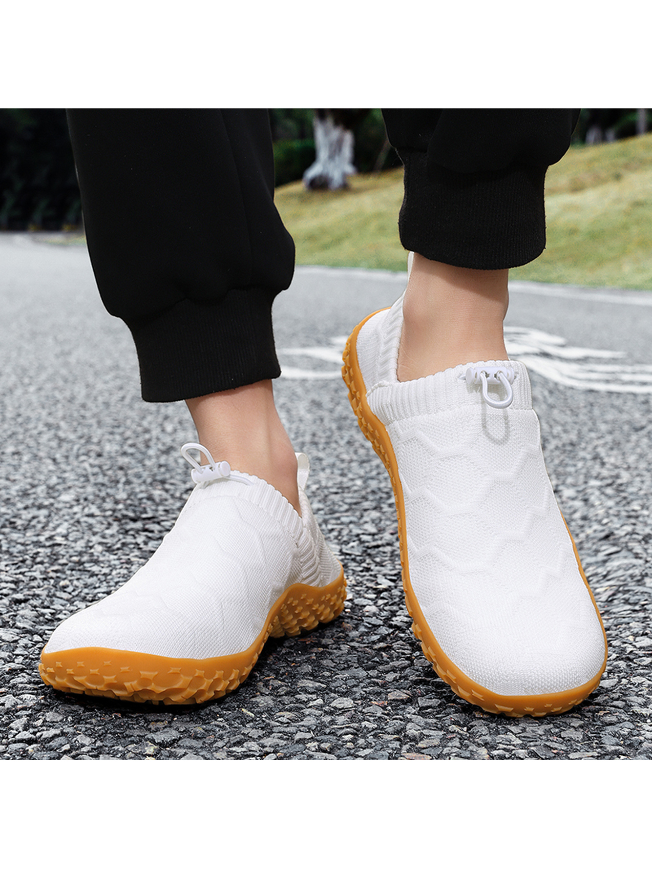 Men White Slip-On Knit Sneakers