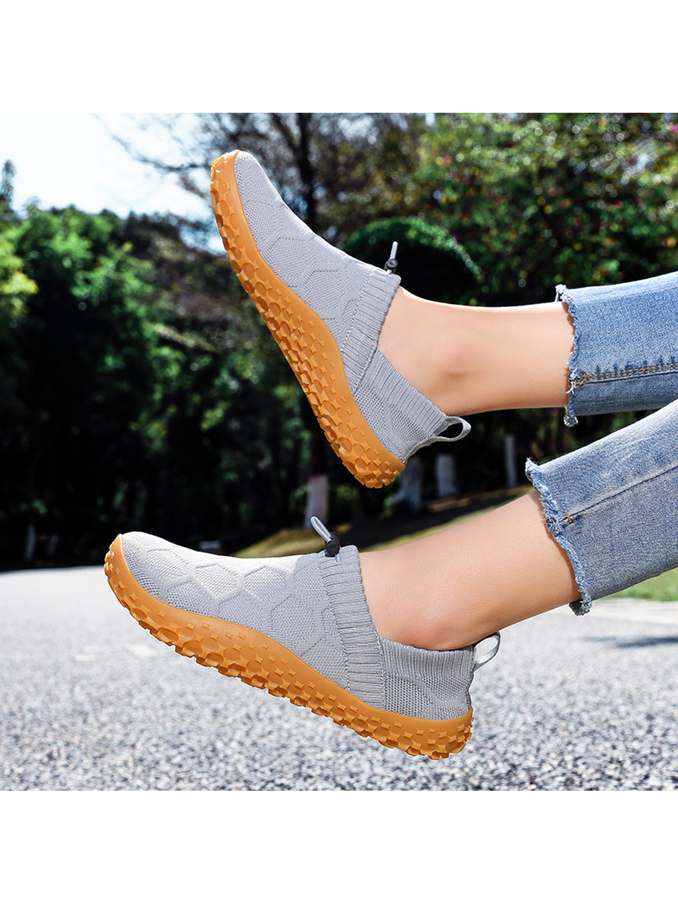 Men Grey Knit Slip-On Sneakers with Gum Sole