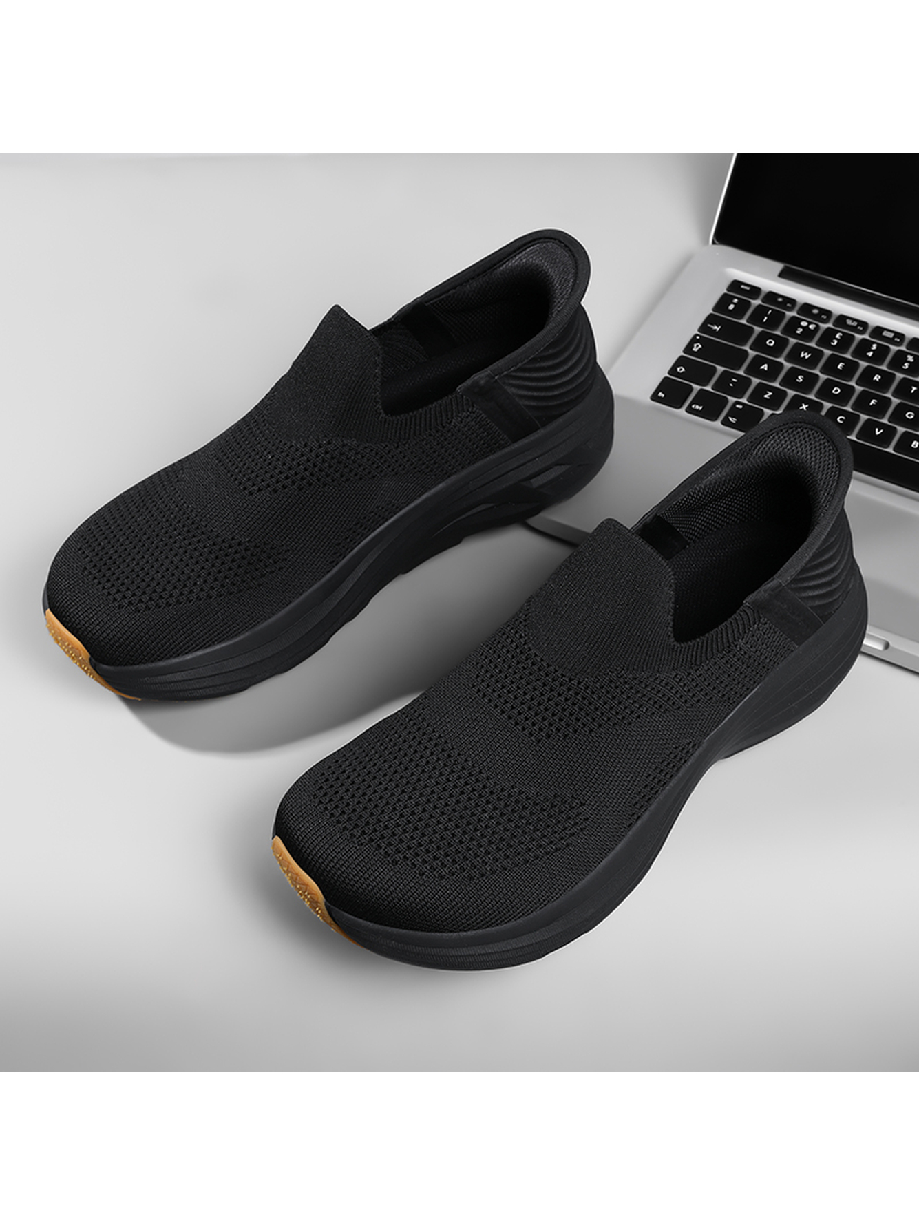 Men Black Slip-On Knit Casual Shoes