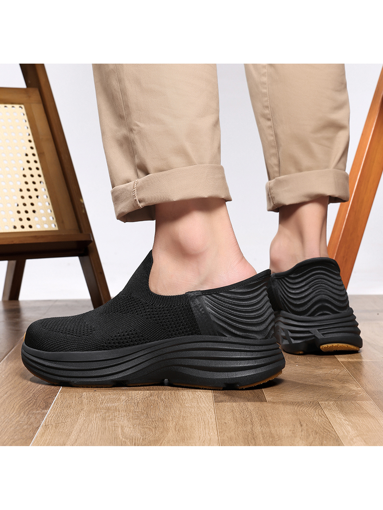 Men Black Slip-On Knit Casual Shoes