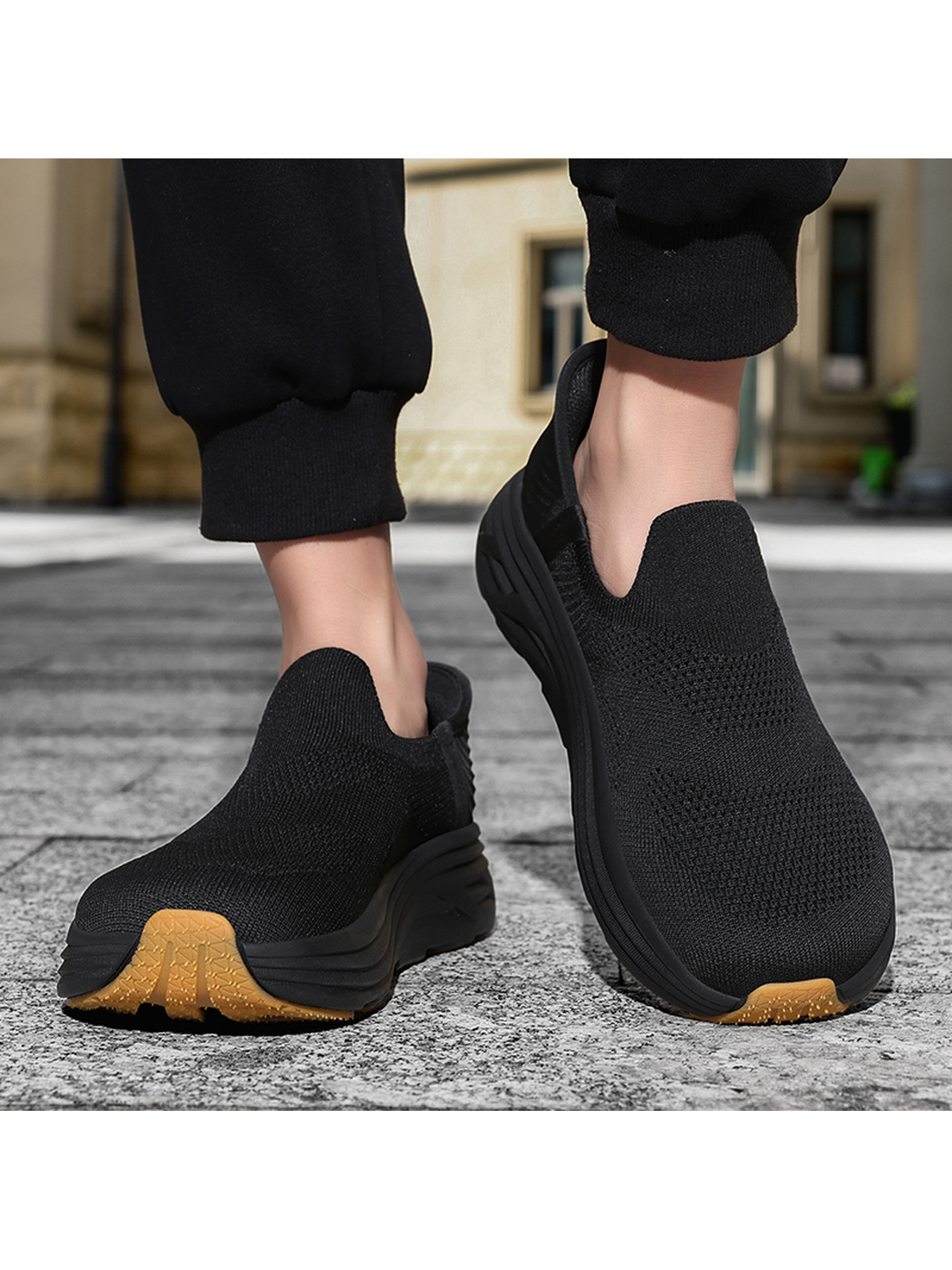 Men Black Slip-On Knit Casual Shoes