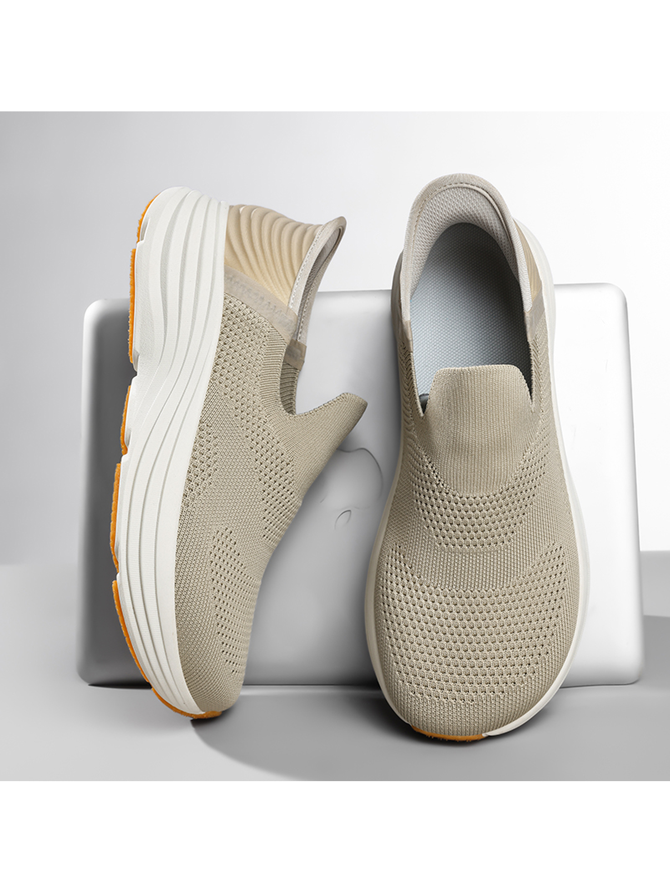 Men Beige Slip-On Casual Knit Shoes