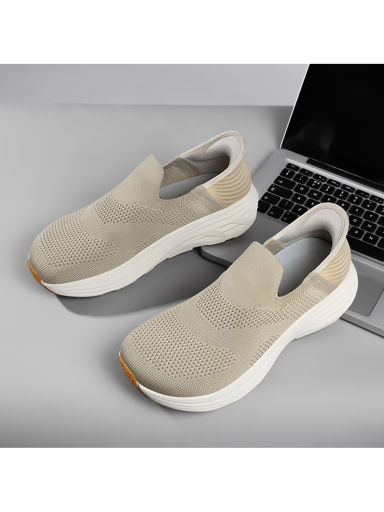 Men Beige Slip-On Casual Knit Shoes