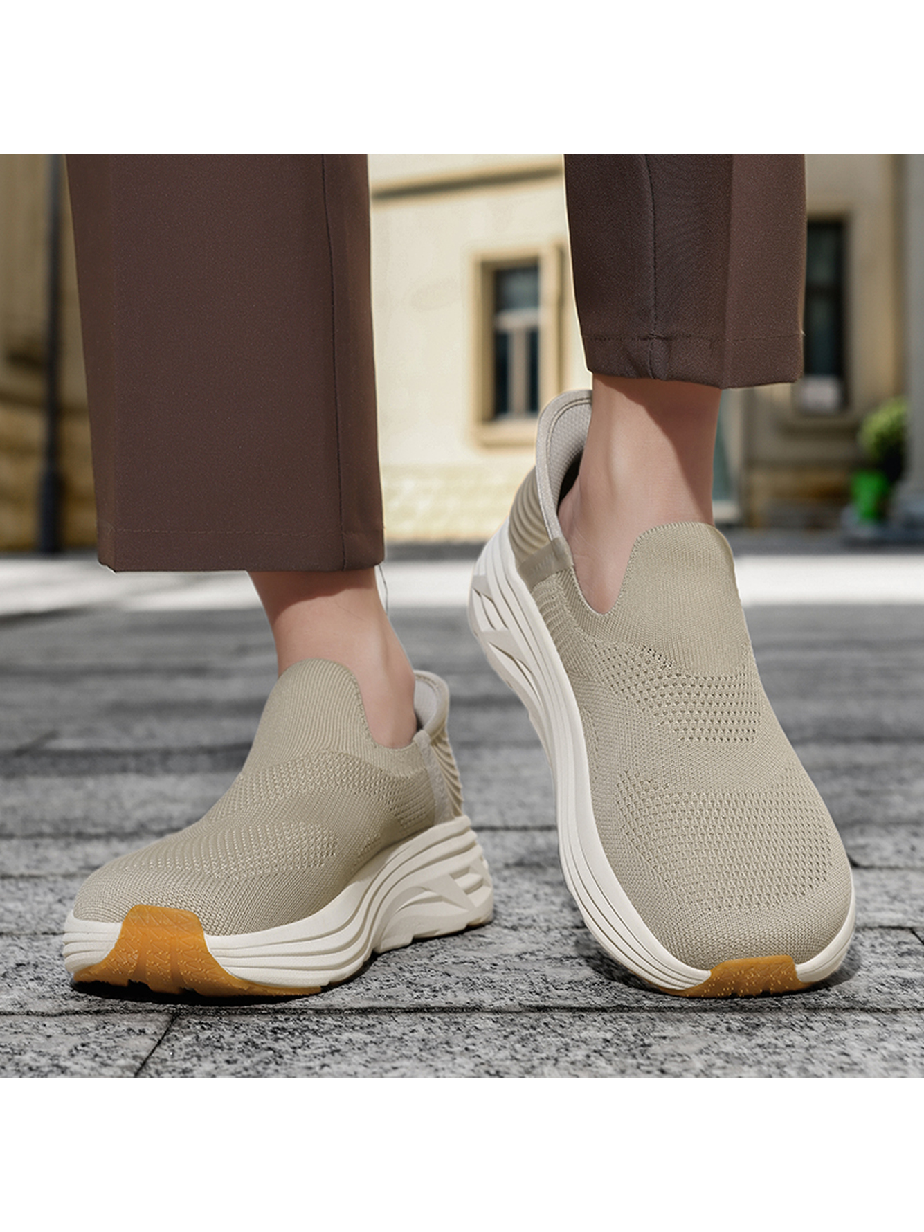 Men Beige Slip-On Casual Knit Shoes