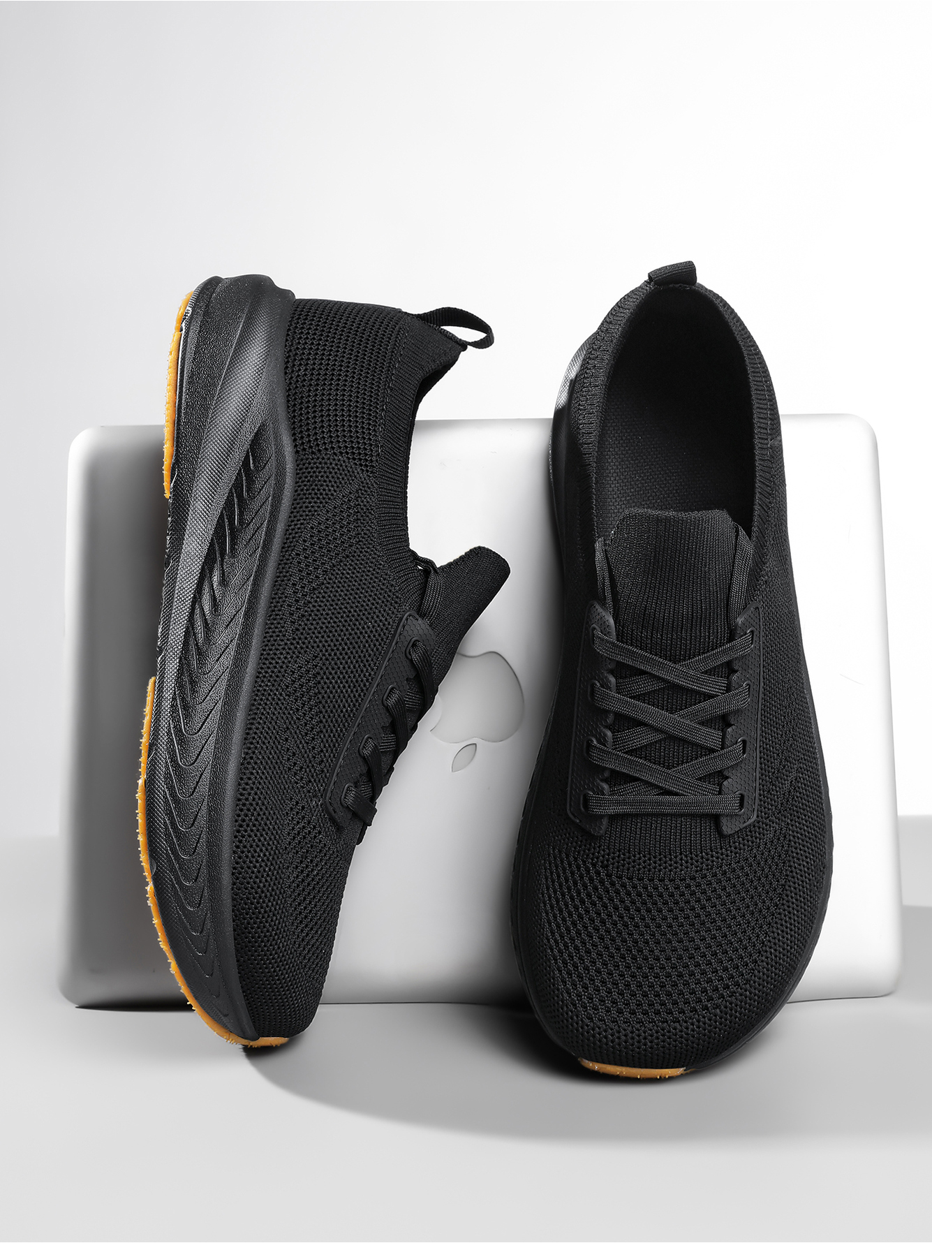 Men Black Knit Running Sneakers