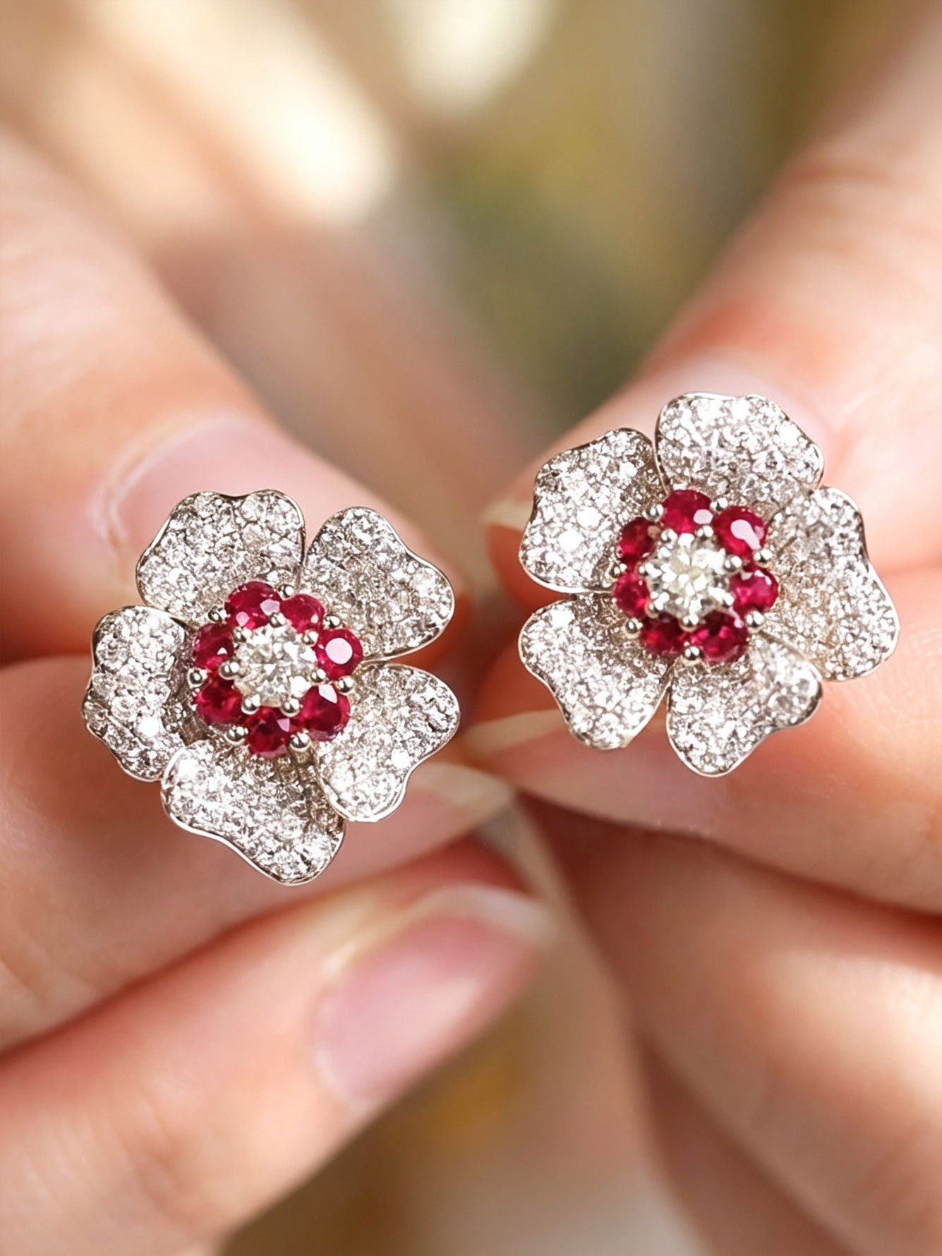 Floral Ruby and Diamond Stud Earrings