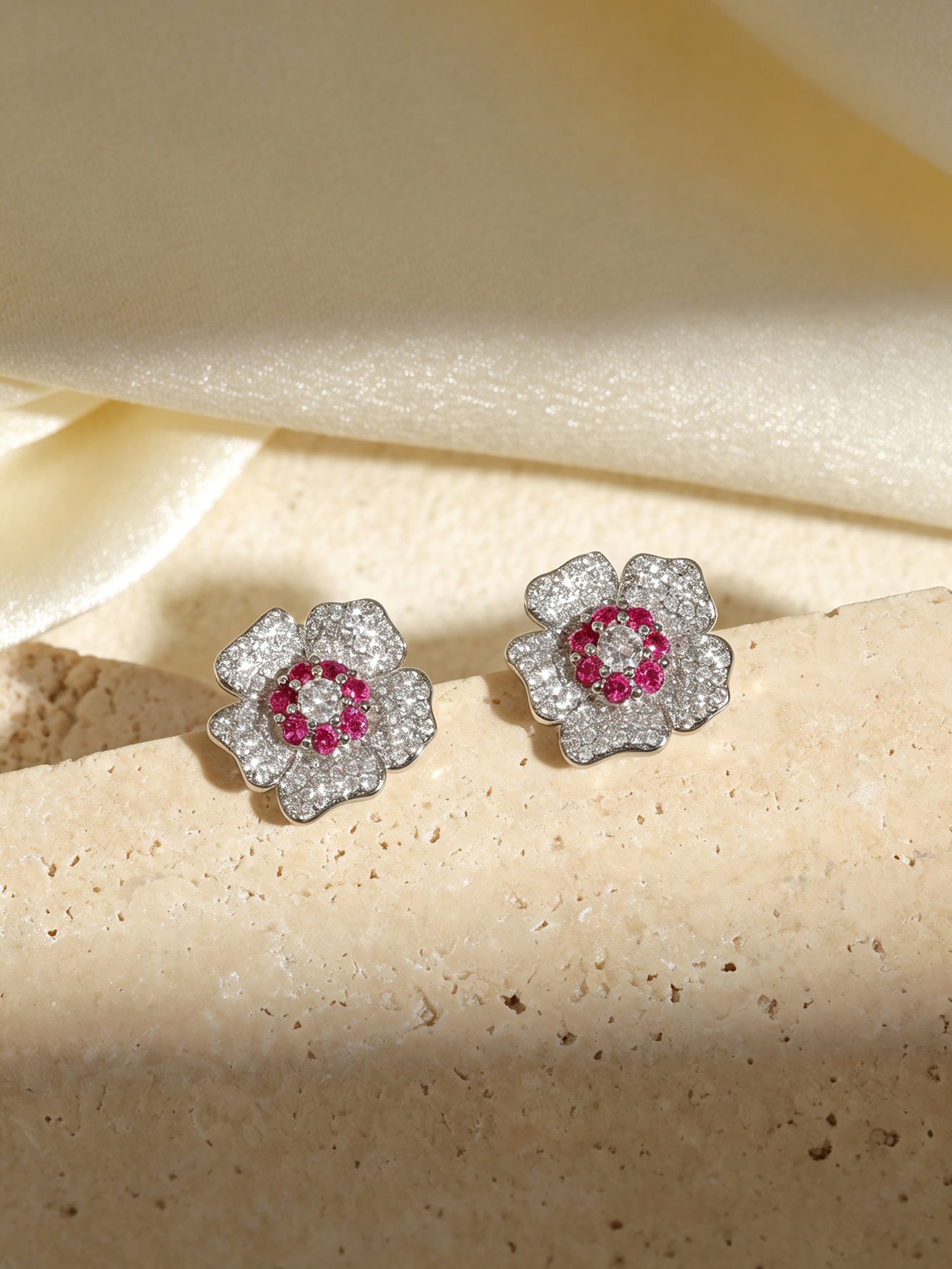 Floral Ruby and Diamond Stud Earrings