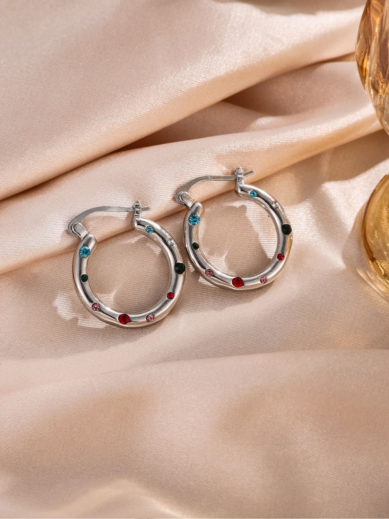 Silver Hoop Earrings with Multi-Color Crystals