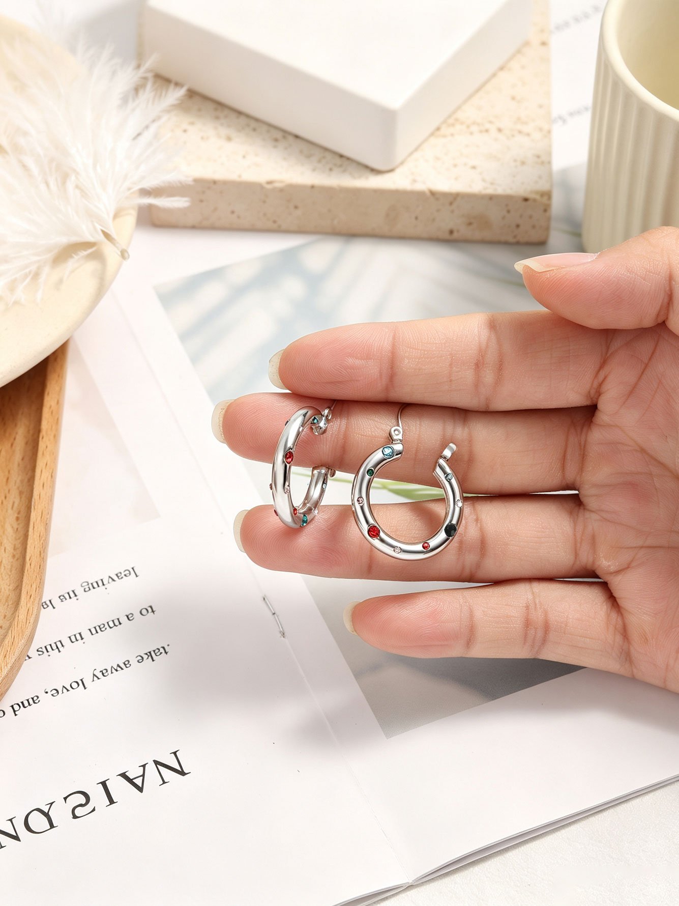 Silver Hoop Earrings with Multi-Color Crystals
